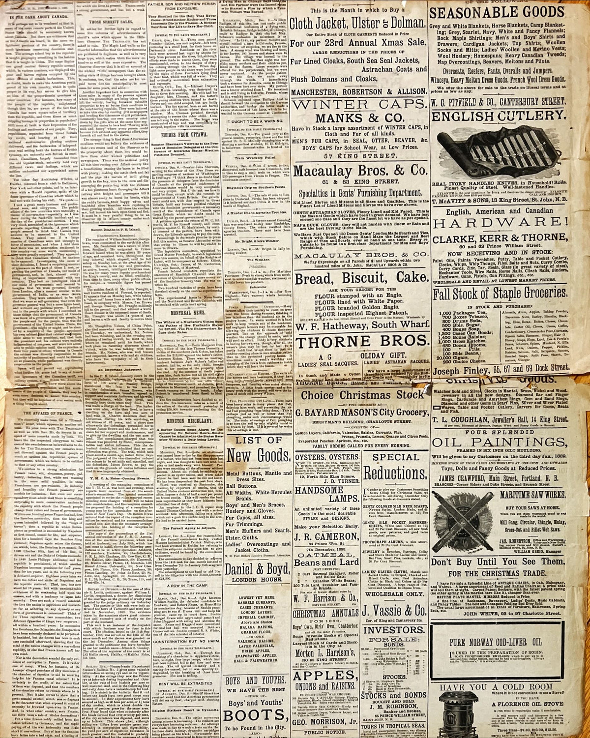 Newspaper, News, The Daily Telegraph, The Daily Telegraph, St. John, NB. Friday, December 7, 1888 – One Page, Back view