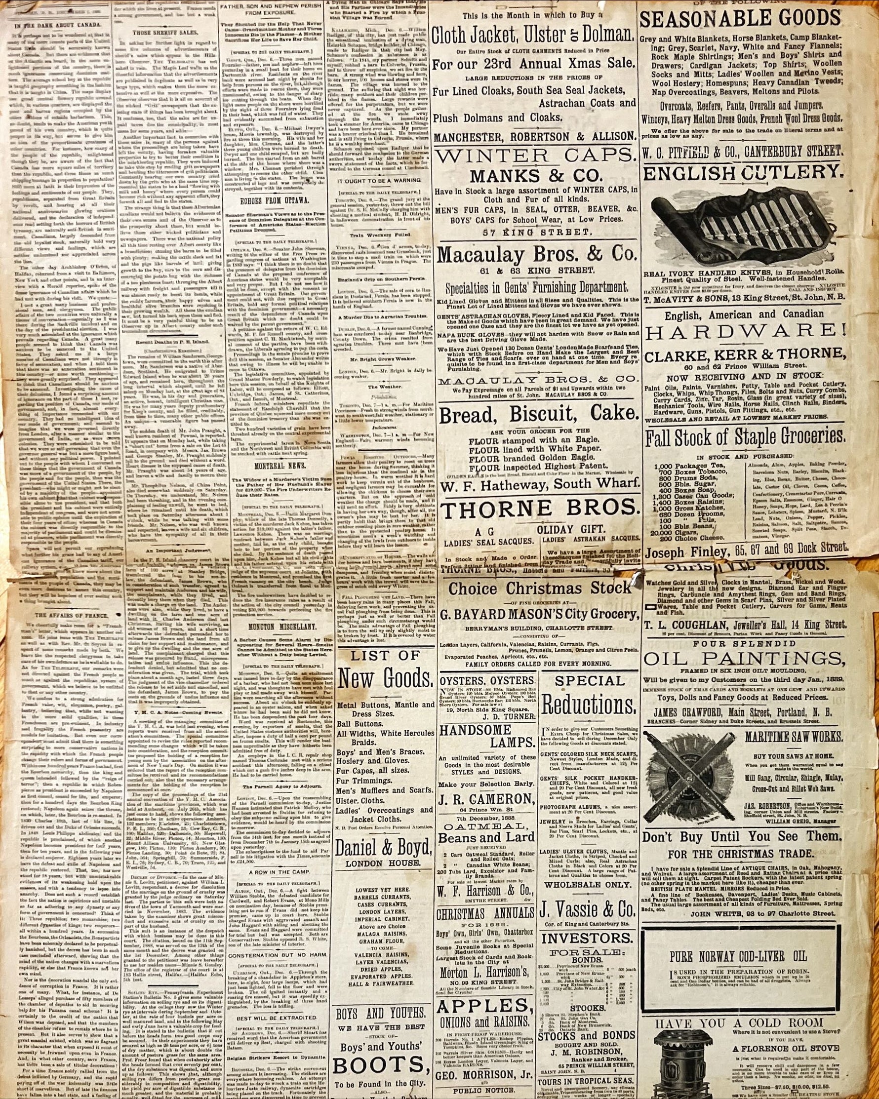 Newspaper, News, The Daily Telegraph, The Daily Telegraph, St. John, NB. Friday, December 7, 1888 – One Page, Back view