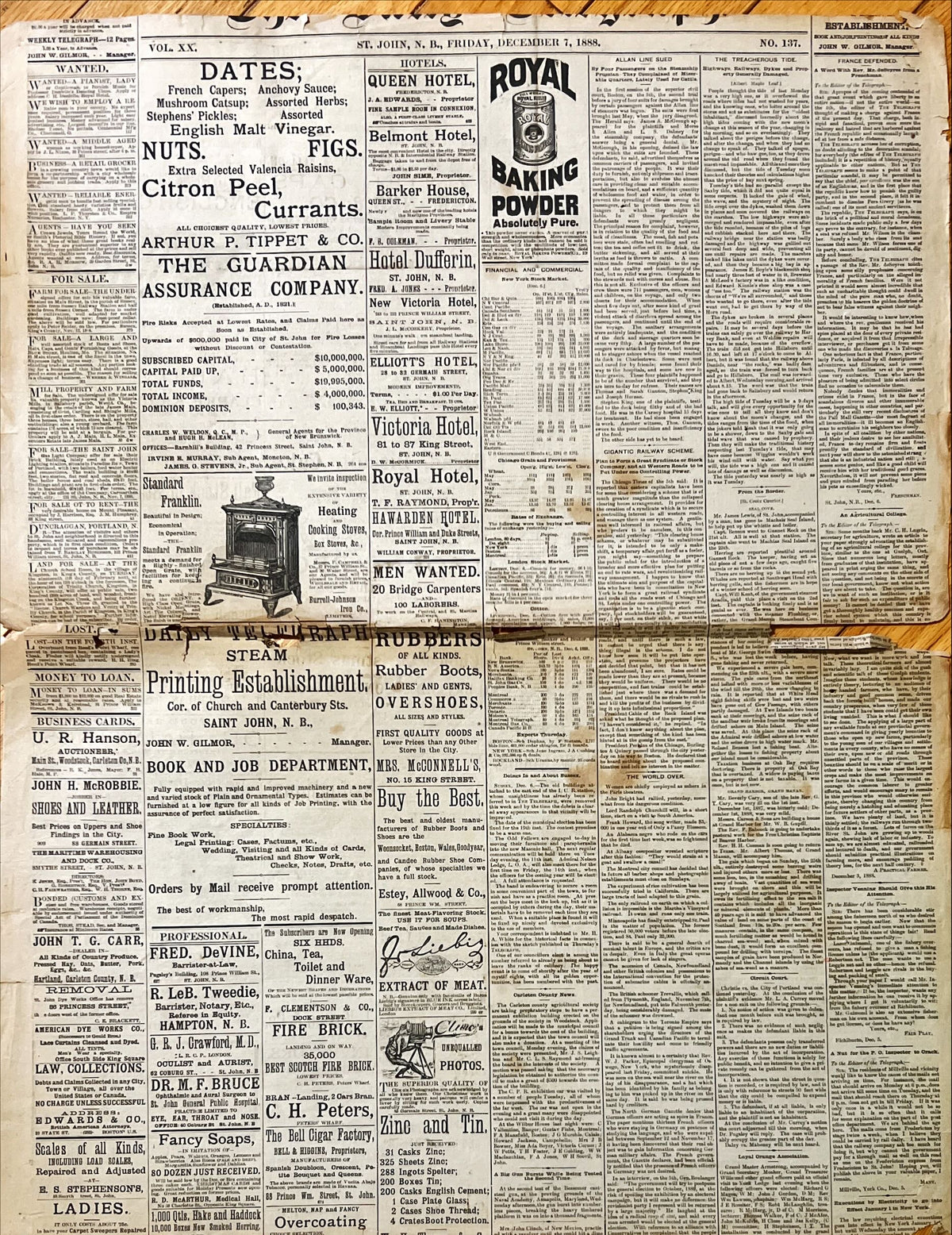 Newspaper, News, The Daily Telegraph, The Daily Telegraph, St. John, NB. Friday, December 7, 1888 – One Page, Front view