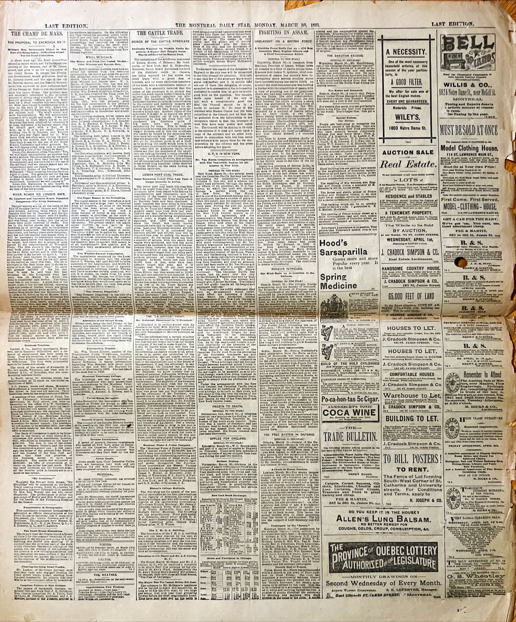Newspaper, News, The Montreal Daily Star, The Montreal Daily Star, Monday, March 30, 1891 – One Page, Back view