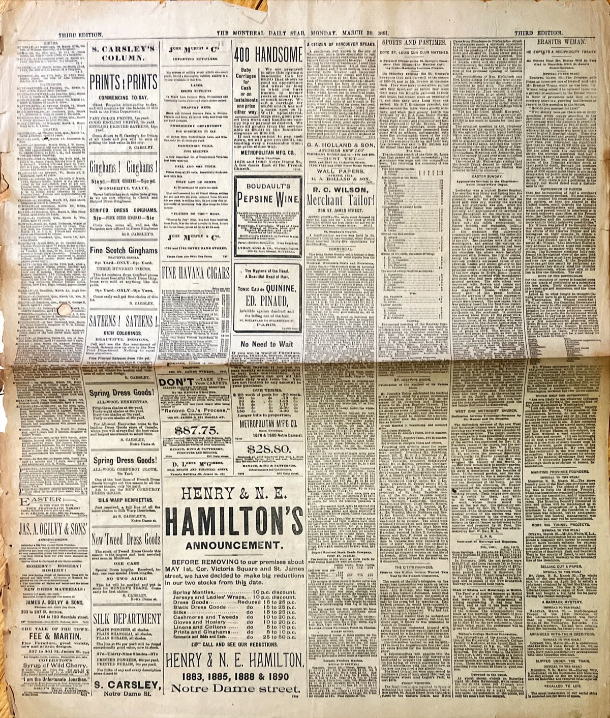 Newspaper, News, The Montreal Daily Star, The Montreal Daily Star, Monday, March 30, 1891 – One Page, Front view