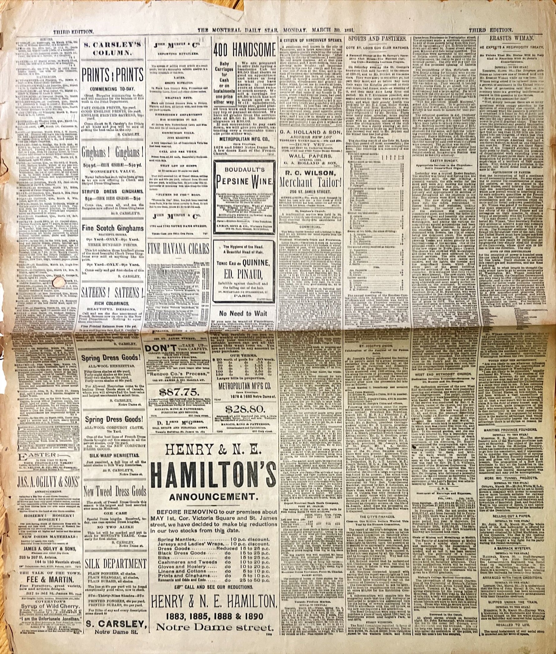 Newspaper, News, The Montreal Daily Star, The Montreal Daily Star, Monday, March 30, 1891 – One Page, Front view