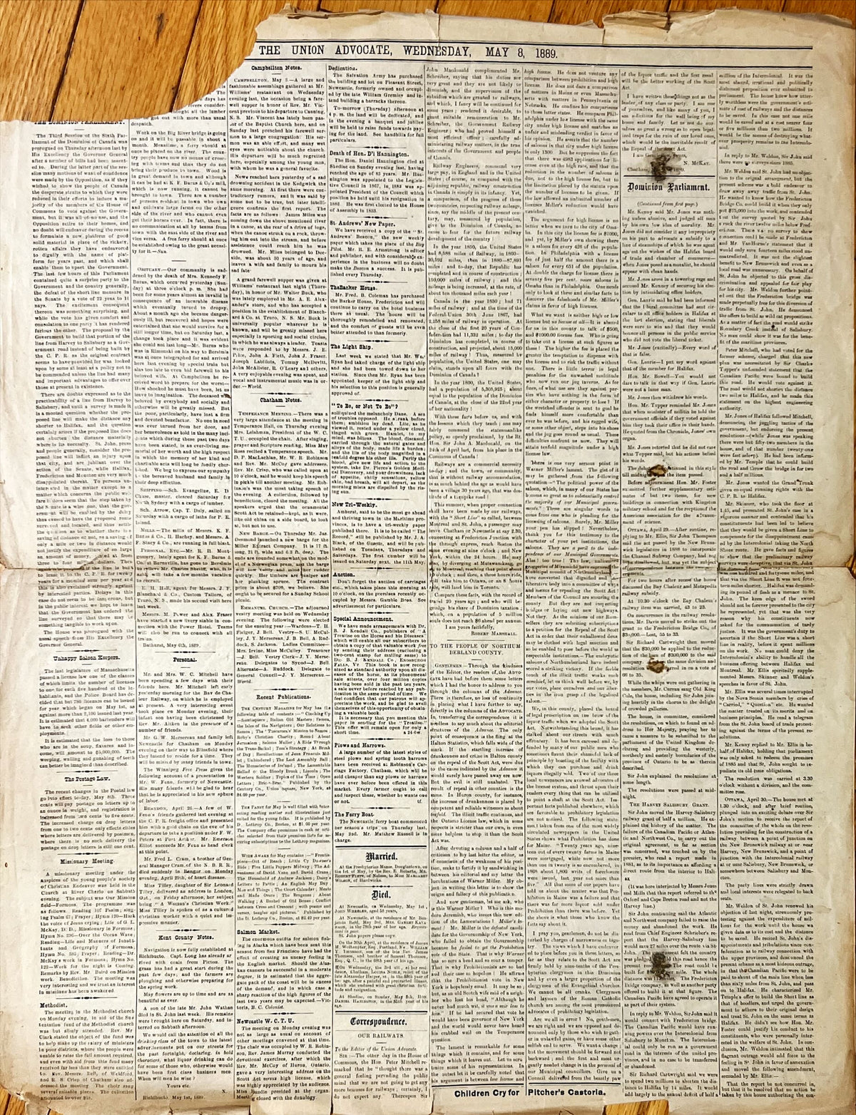 Newspaper, News, The Union Advocate, The Union Advocate, Newcastle NB, Wednesday, May 8, 1889 -Two pages, Front view