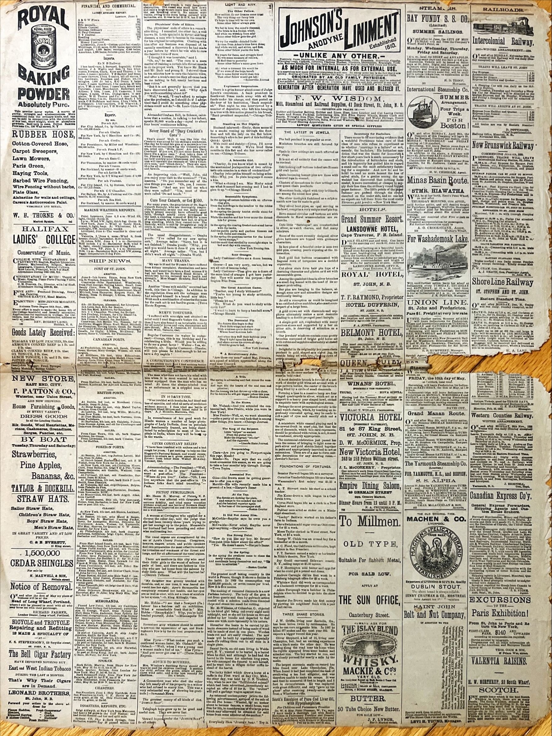 Newspaper, News, St. John Daily Sun, St. John Daily Sun, St. John, NB. Date Unknown – One Page, Front view