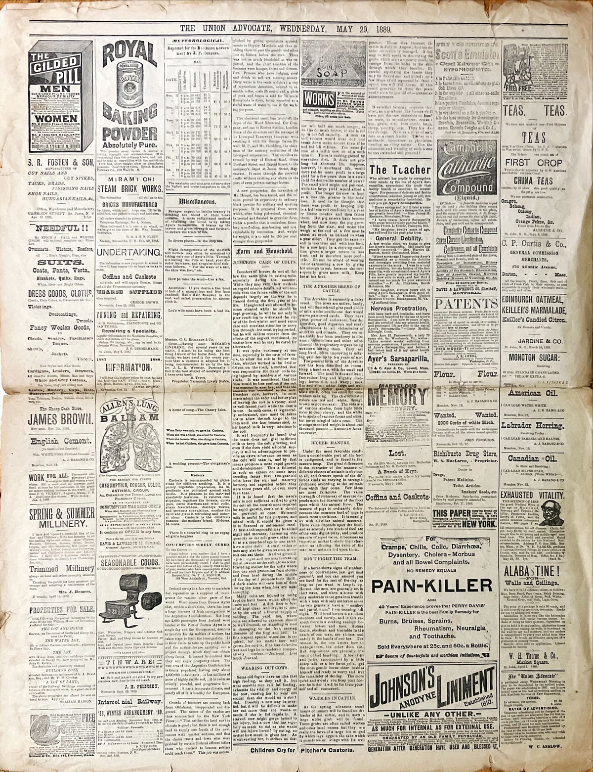 Newspaper, News, The Union Advocate, The Union Advocate, Newcastle NB, Wednesday, May 29, 1889 -Two pages, Back view