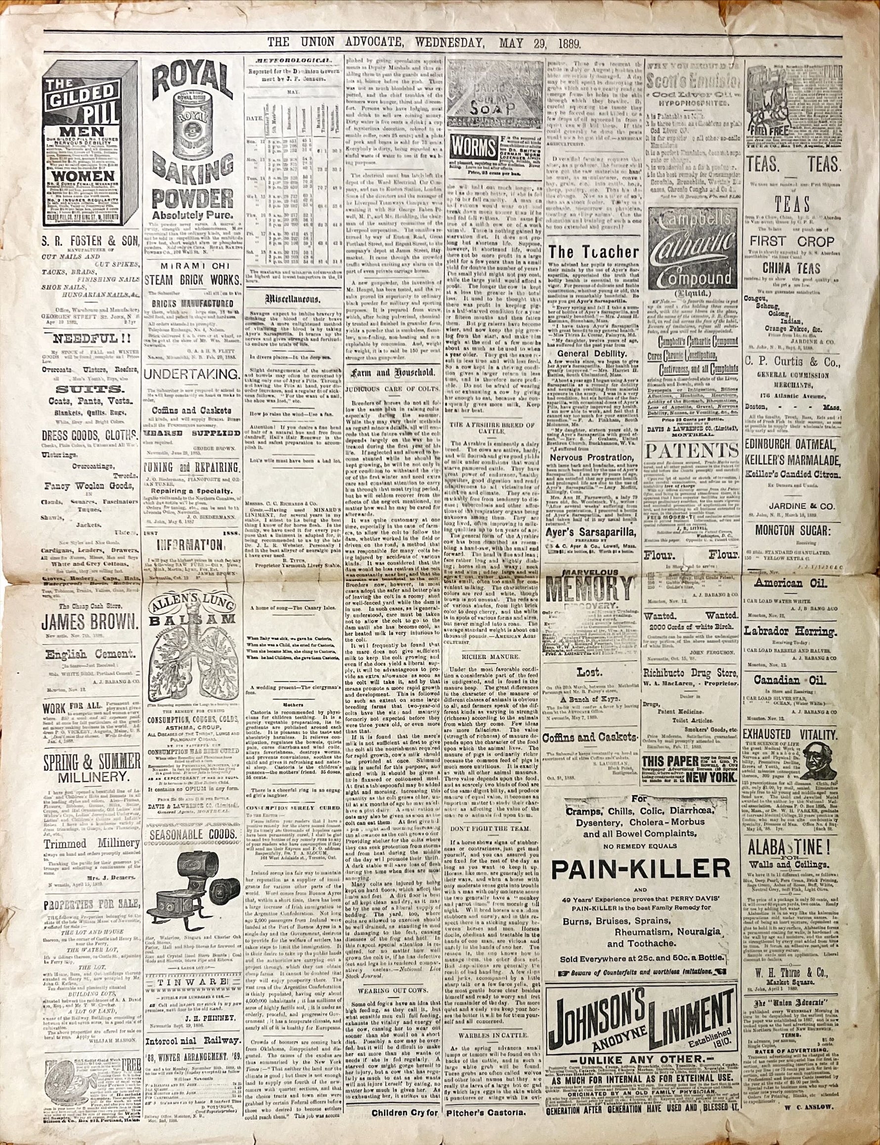 Newspaper, News, The Union Advocate, The Union Advocate, Newcastle NB, Wednesday, May 29, 1889 -Two pages, Back view
