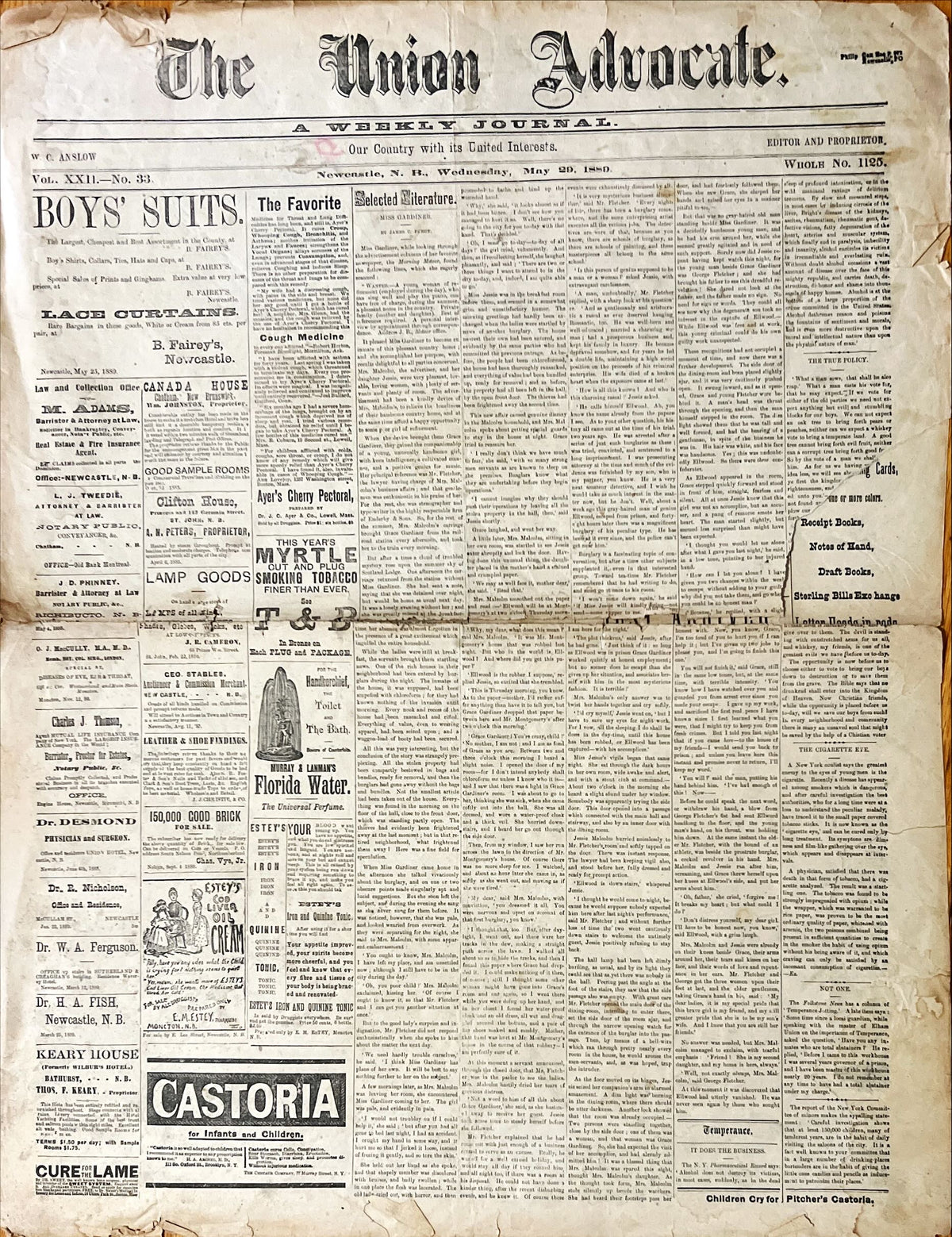 Newspaper, News, The Union Advocate, The Union Advocate, Newcastle NB, Wednesday, May 29, 1889 -Two pages, Front view