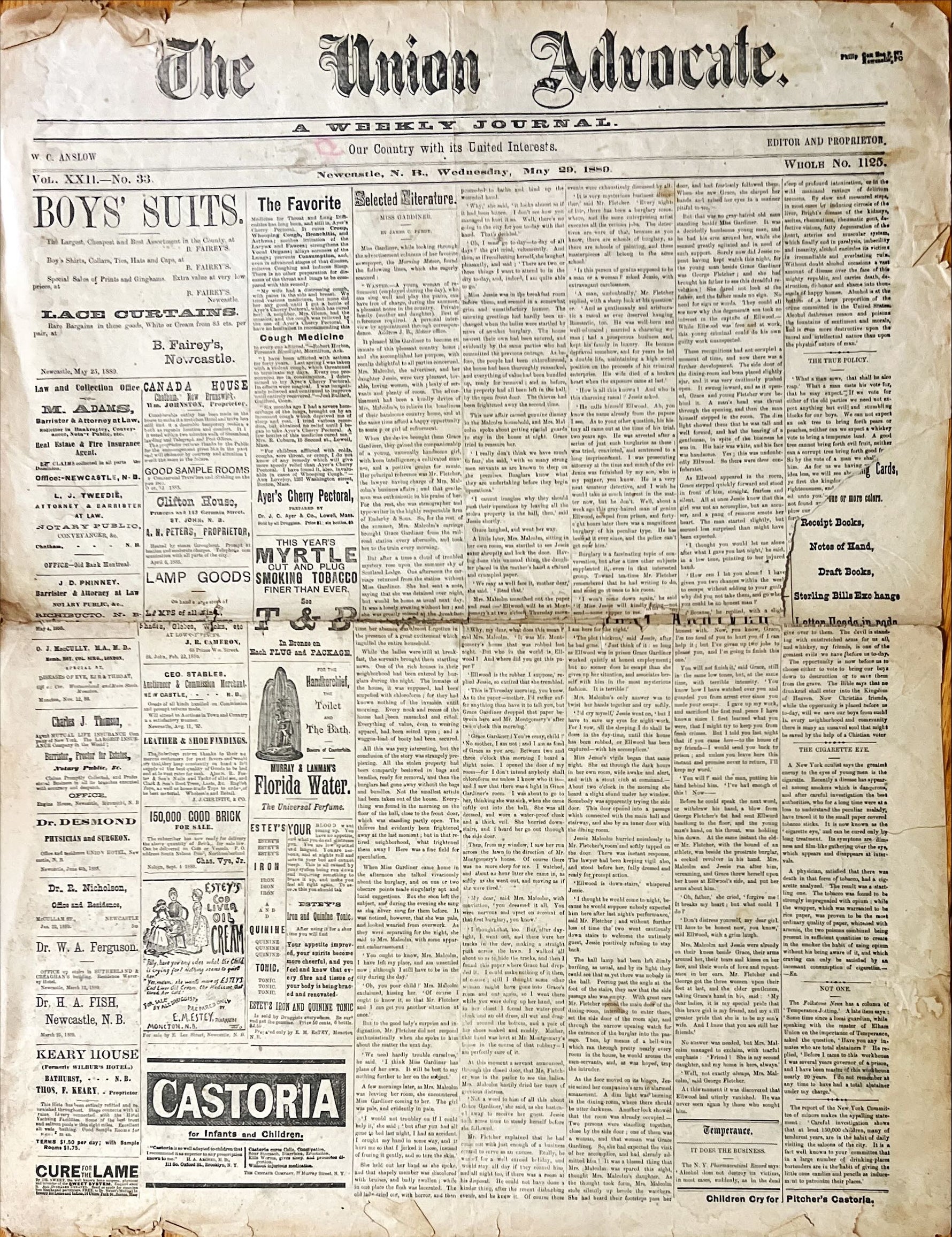 Newspaper, News, The Union Advocate, The Union Advocate, Newcastle NB, Wednesday, May 29, 1889 -Two pages, Front view