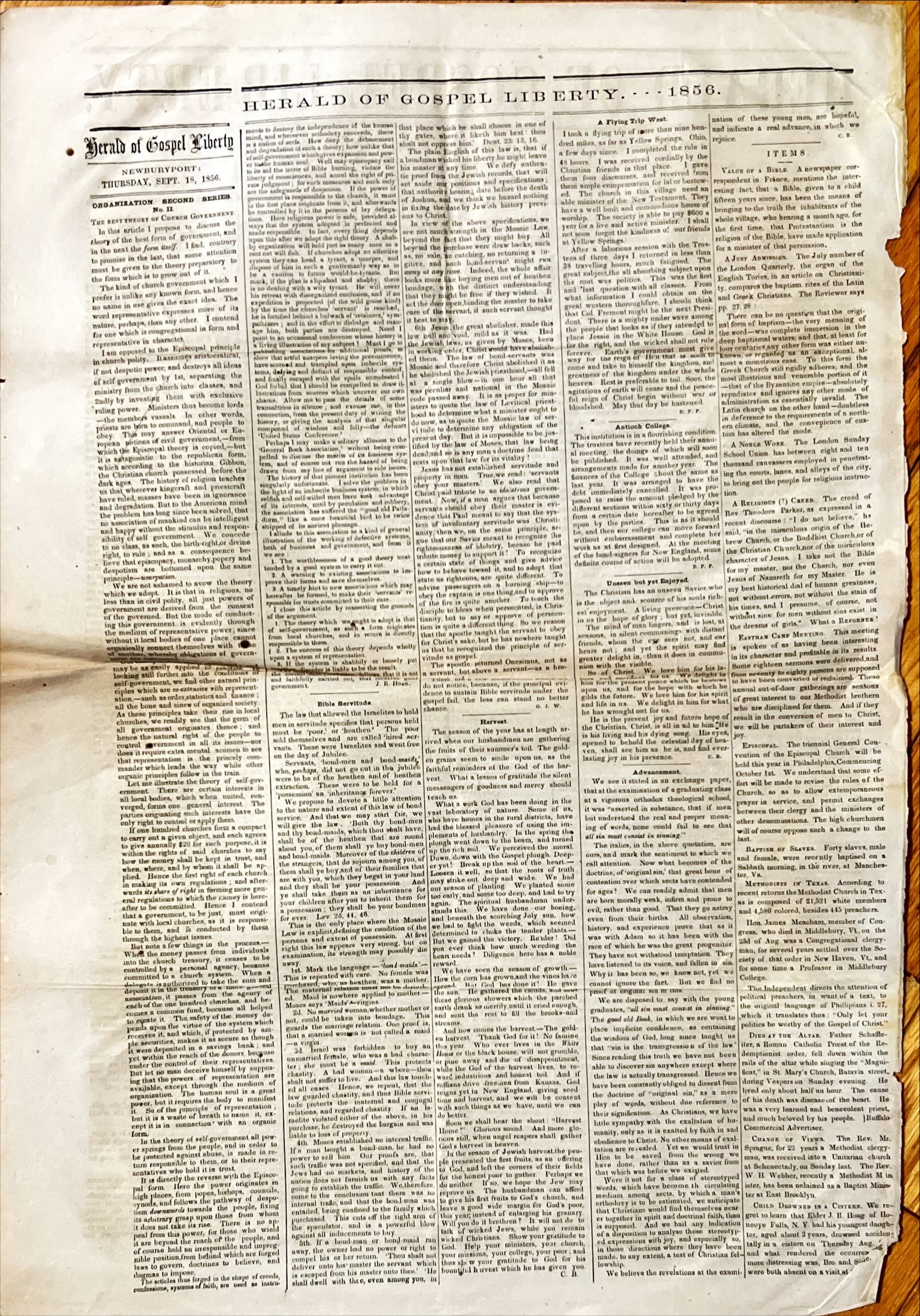 Newspaper, News, Herald of Gospel Liberty, Herald of Gospel Liberty, Newbury Port. Thursday, September 18, 1856- One Page, Back view