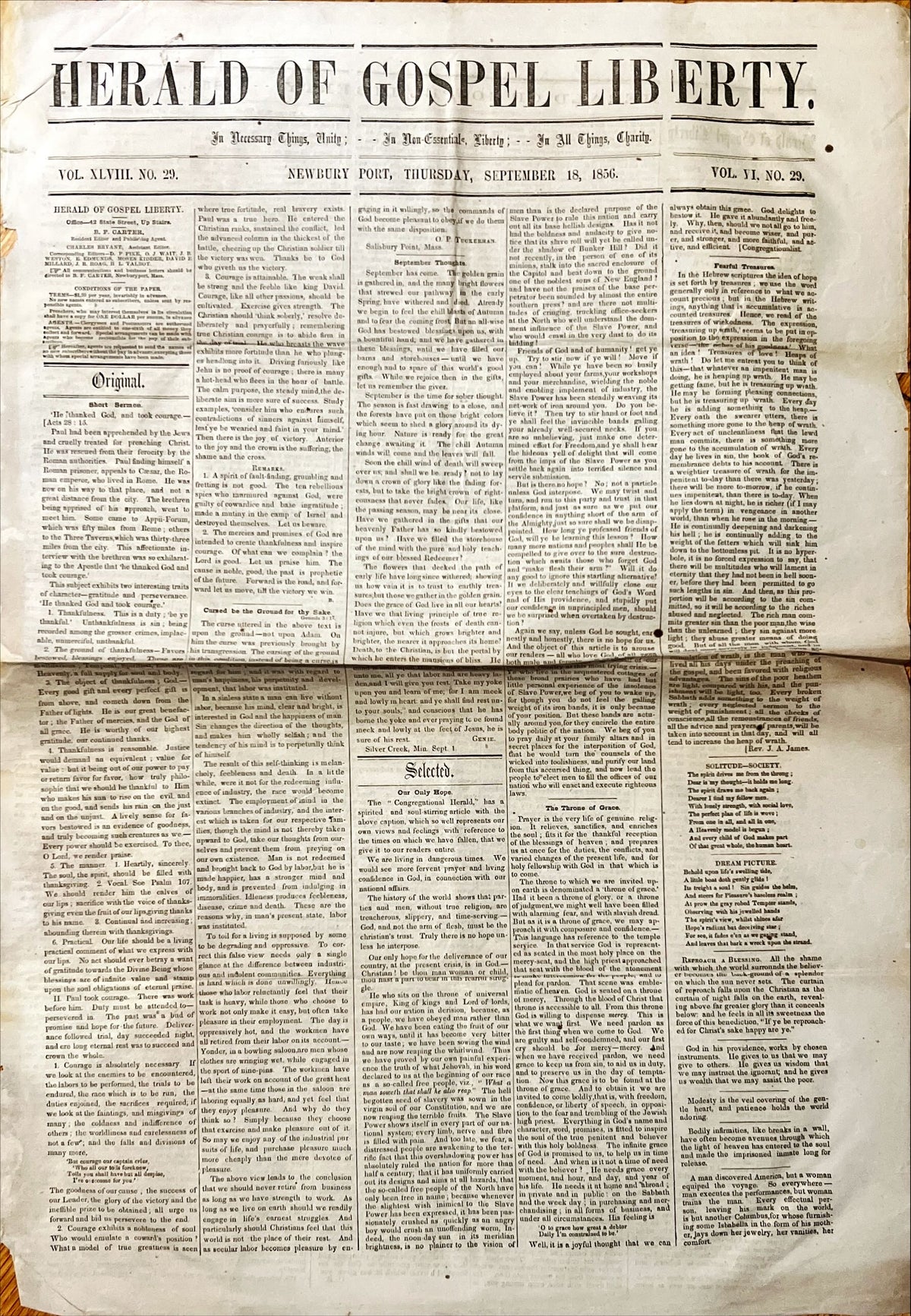 Newspaper, News, Herald of Gospel Liberty, Herald of Gospel Liberty, Newbury Port. Thursday, September 18, 1856- One Page, Front view