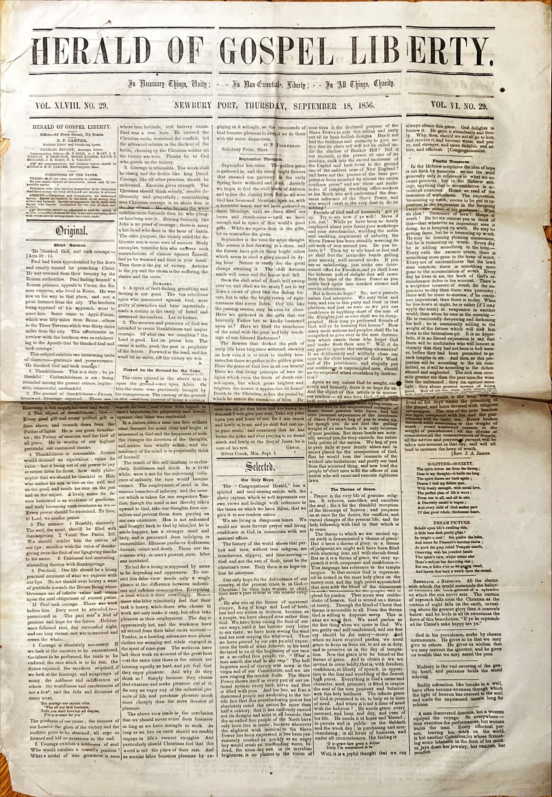 Newspaper, News, Herald of Gospel Liberty, Herald of Gospel Liberty, Newbury Port. Thursday, September 18, 1856- One Page, Front view