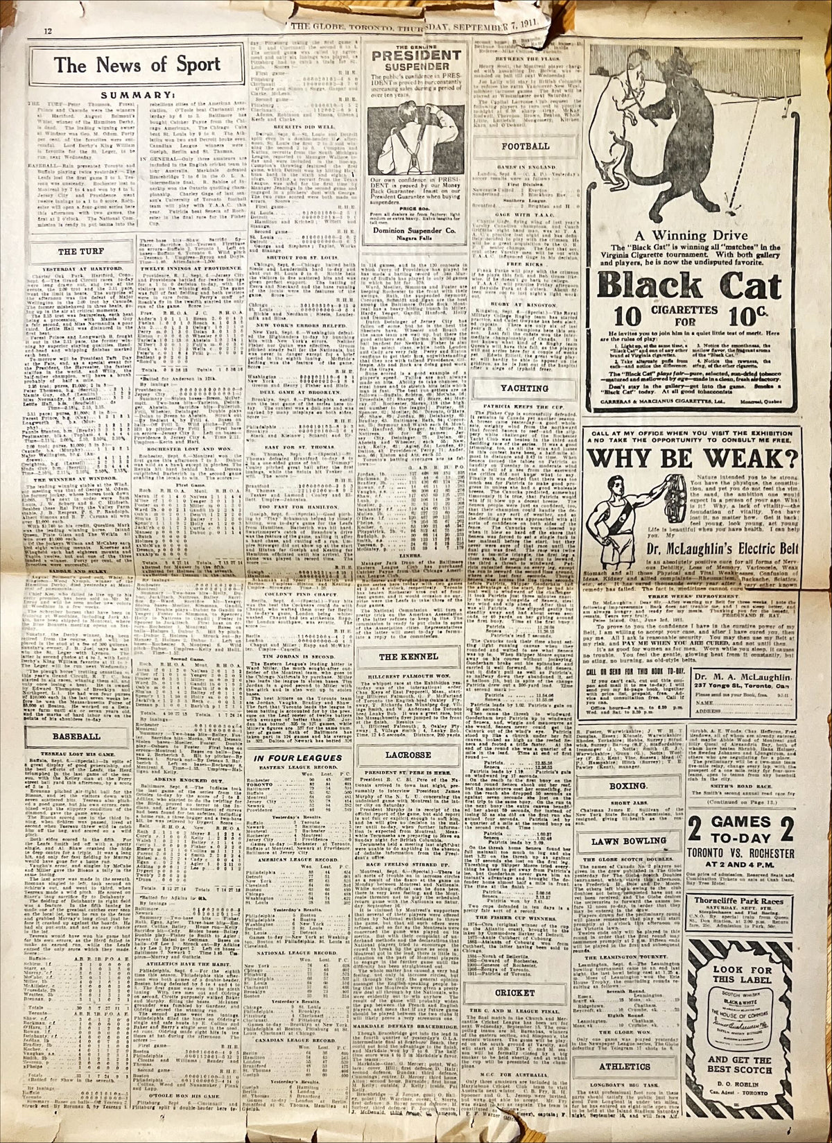 Newspaper, News, The Globe, The Globe, Toronto, Thursday, September 7, 1911 – Three Pages – With Pressed Leaves Inside, Back view
