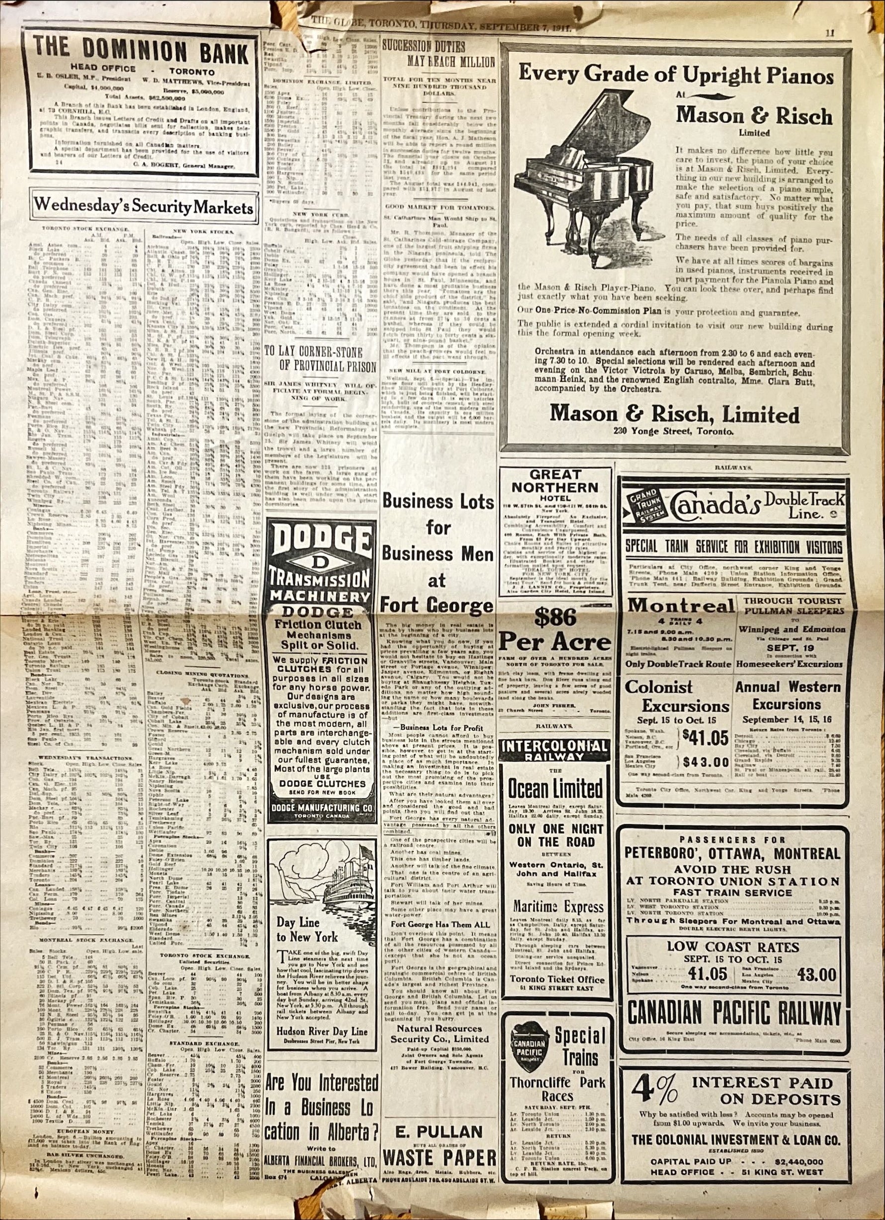 Newspaper, News, The Globe, The Globe, Toronto, Thursday, September 7, 1911 – Three Pages – With Pressed Leaves Inside, Front view