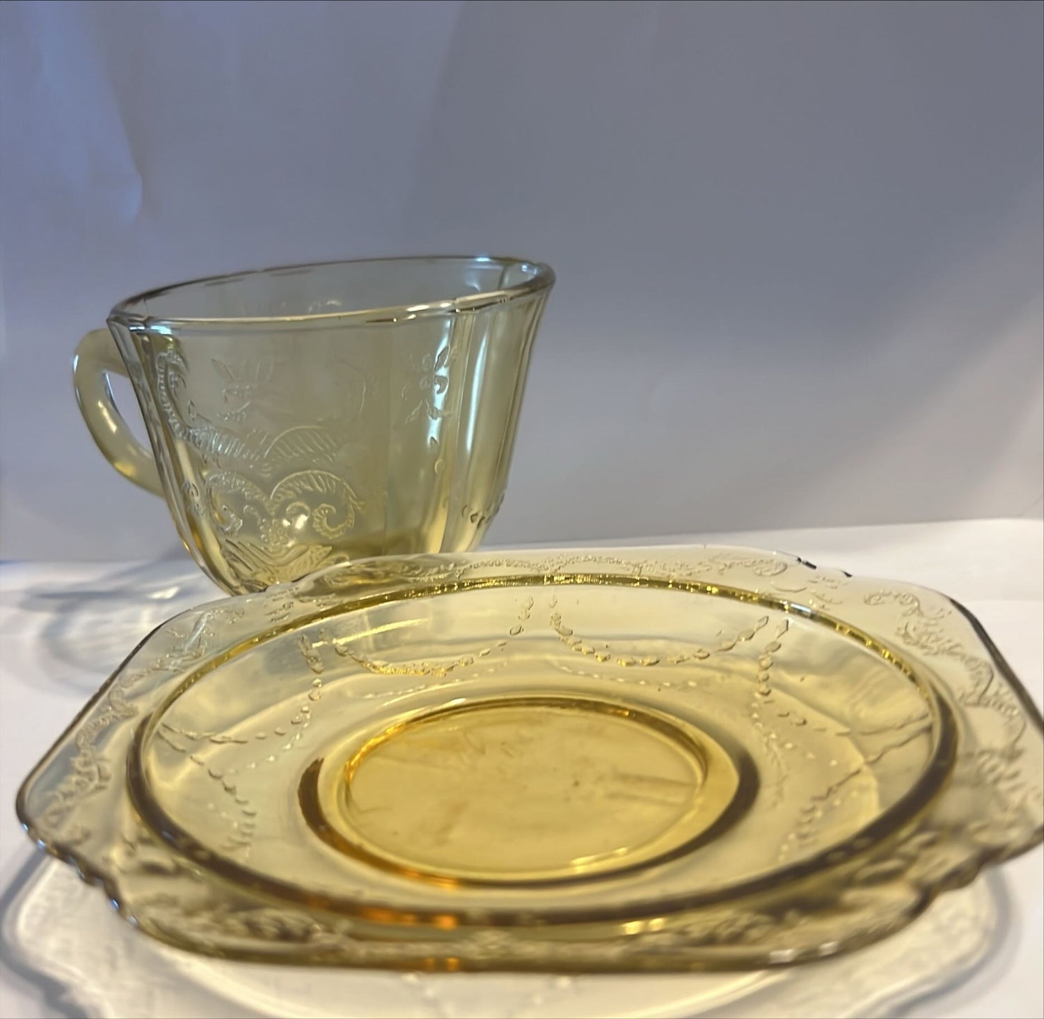 Home, Kitchenware, Glassware, Yellow Depression Glass Cup and Saucer, Top view
