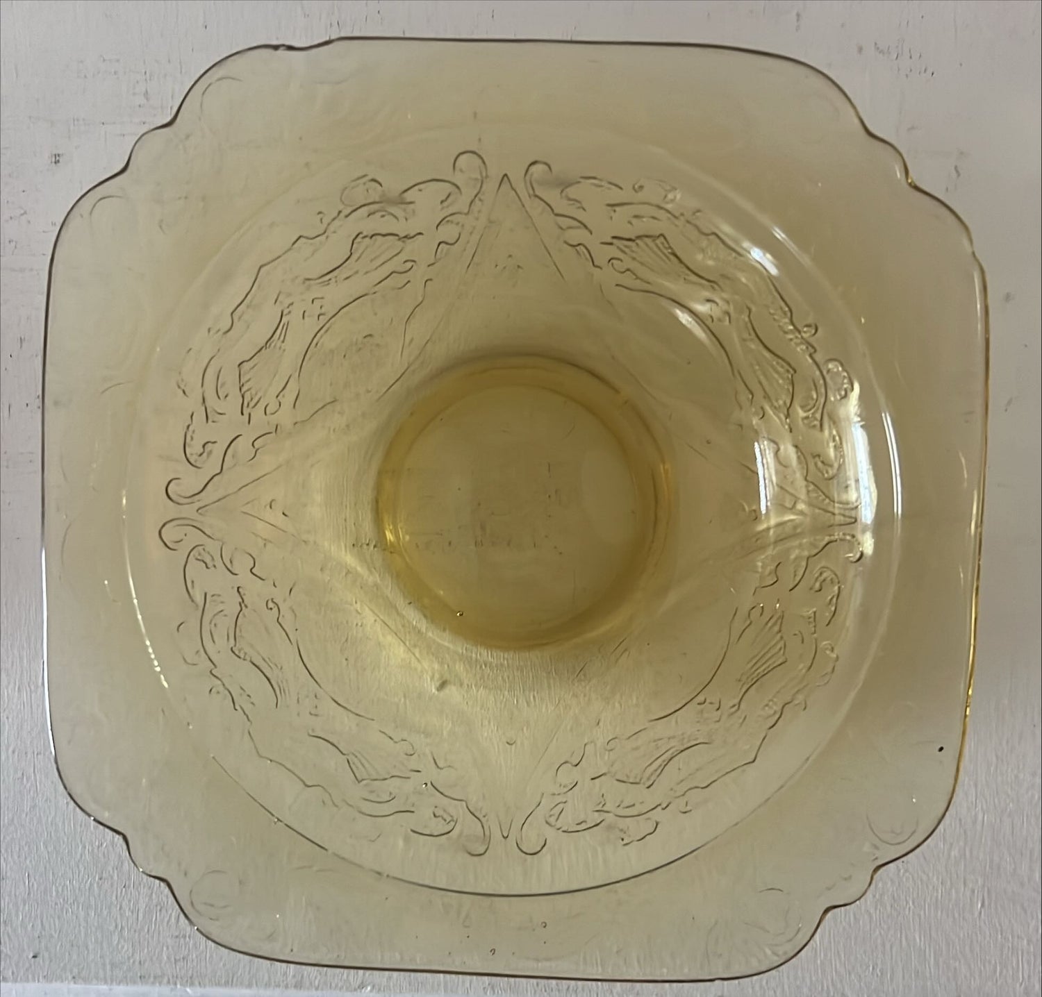Home, Kitchenware, Glassware, 3 Depression Glass Bowls, 1 pink, 1 Yellow, 1 Dark Yellow, Top view