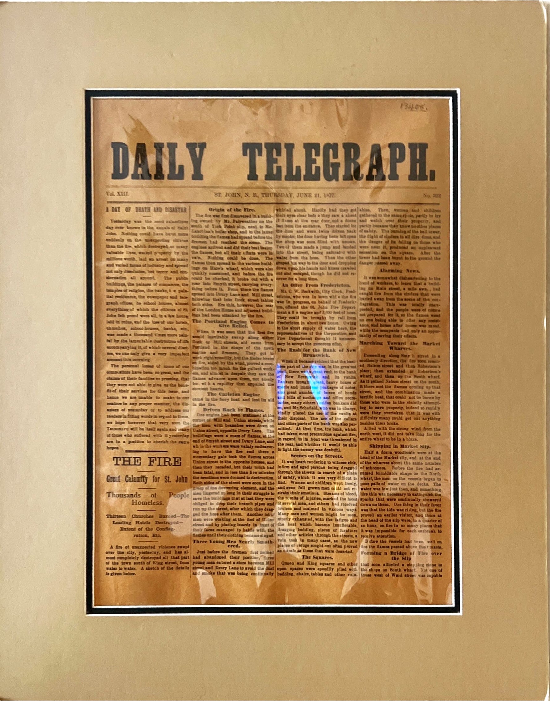 Newspaper, Art History, News, St. John Daily Telegraph, St. John Daily Telegraph Contemporary Article on The Great Fire, Front view