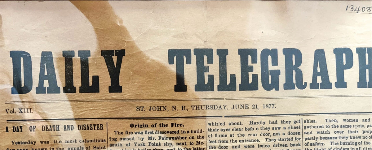 Newspaper, Art History, News, St. John Daily Telegraph, St. John Daily Telegraph Contemporary Article on The Great Fire, Title view
