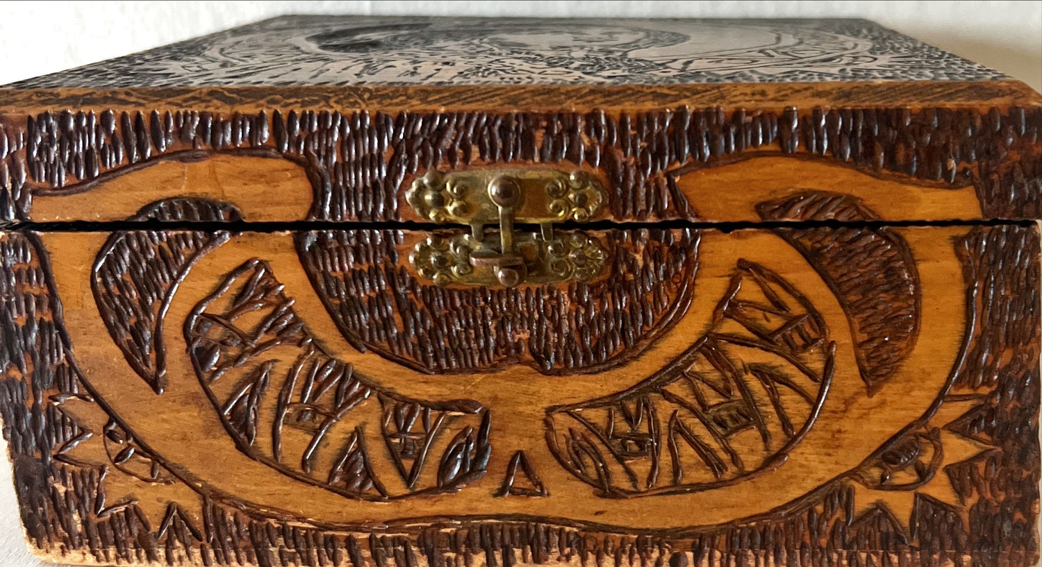 Home, Wooden Box, Storage, Vintage Lift Engraved Keepsake Box, Initals “G.A.M.” Inside lid, Front view