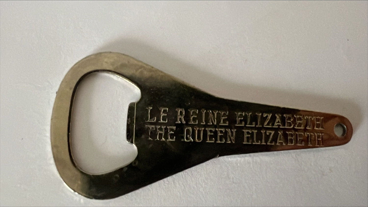 Home, Kitchenware, Bottle opener, VINTAGE Le Reine The Queen Elizabeth Cruise Ship Metal Bottle Opener, Front view