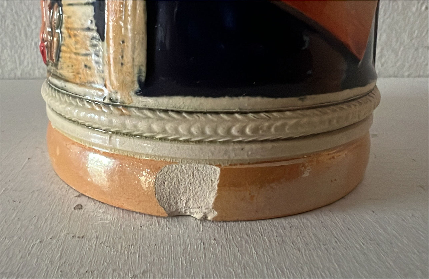 Home, Kitchenware, Ceramic, Stein with Women's Names, Bottomless Woman and Pet in Front of Wood Stove, Front view