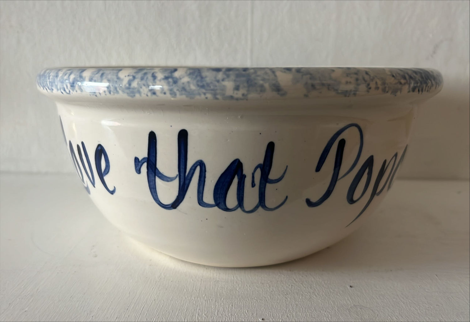 Home, Kitchenware, Large Handmade Pottery Bowl “Love That Popcorn” around Bowl, “That's All” inside, Front view