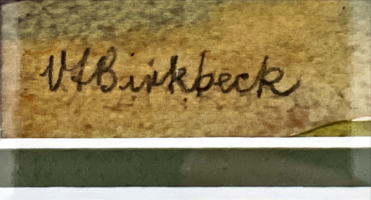 Watercolour painting, Landscape, Cottages V. F. Birkbeck, Signature view