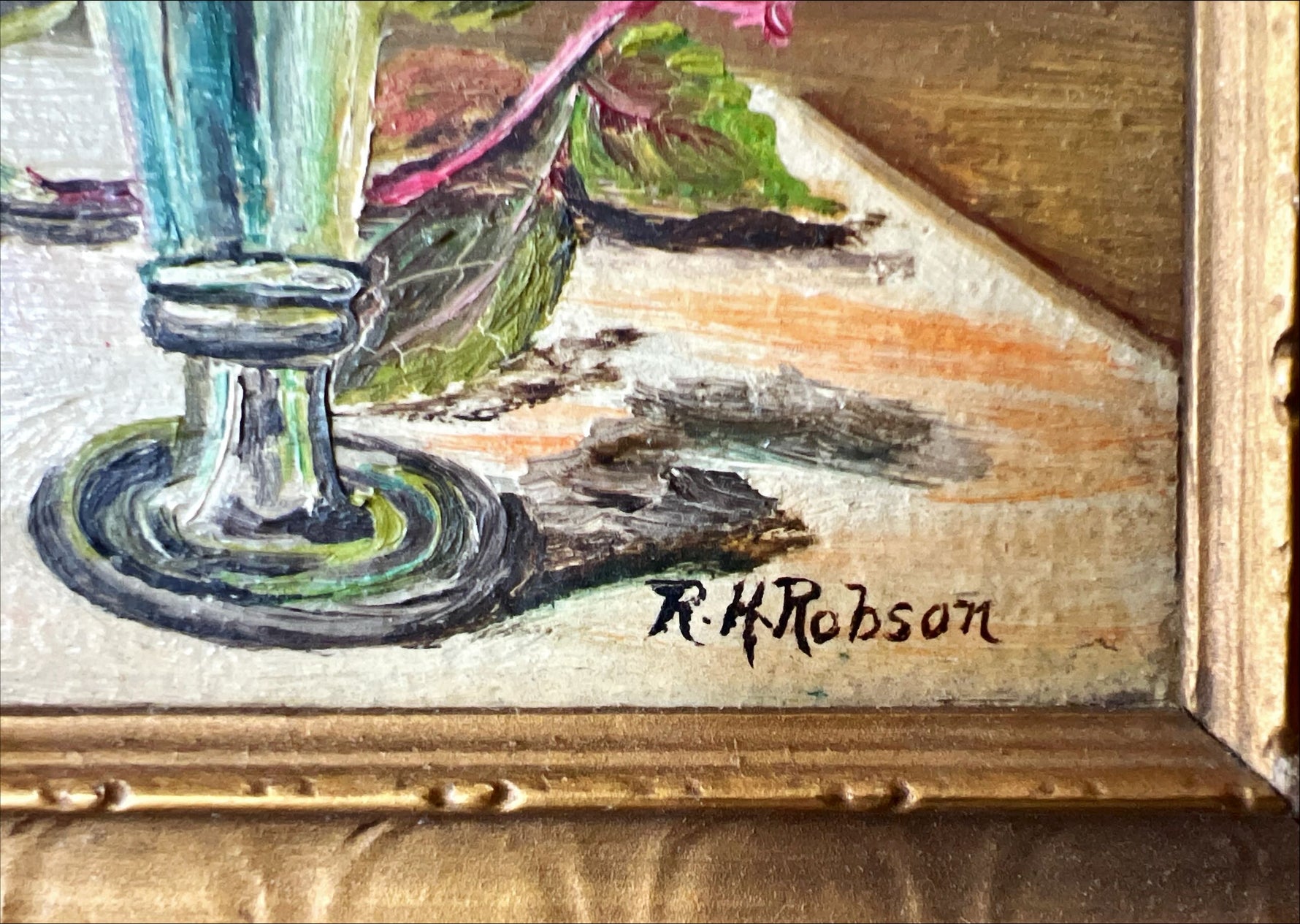 Oil painting, Floral R. H. Robson, Signature view