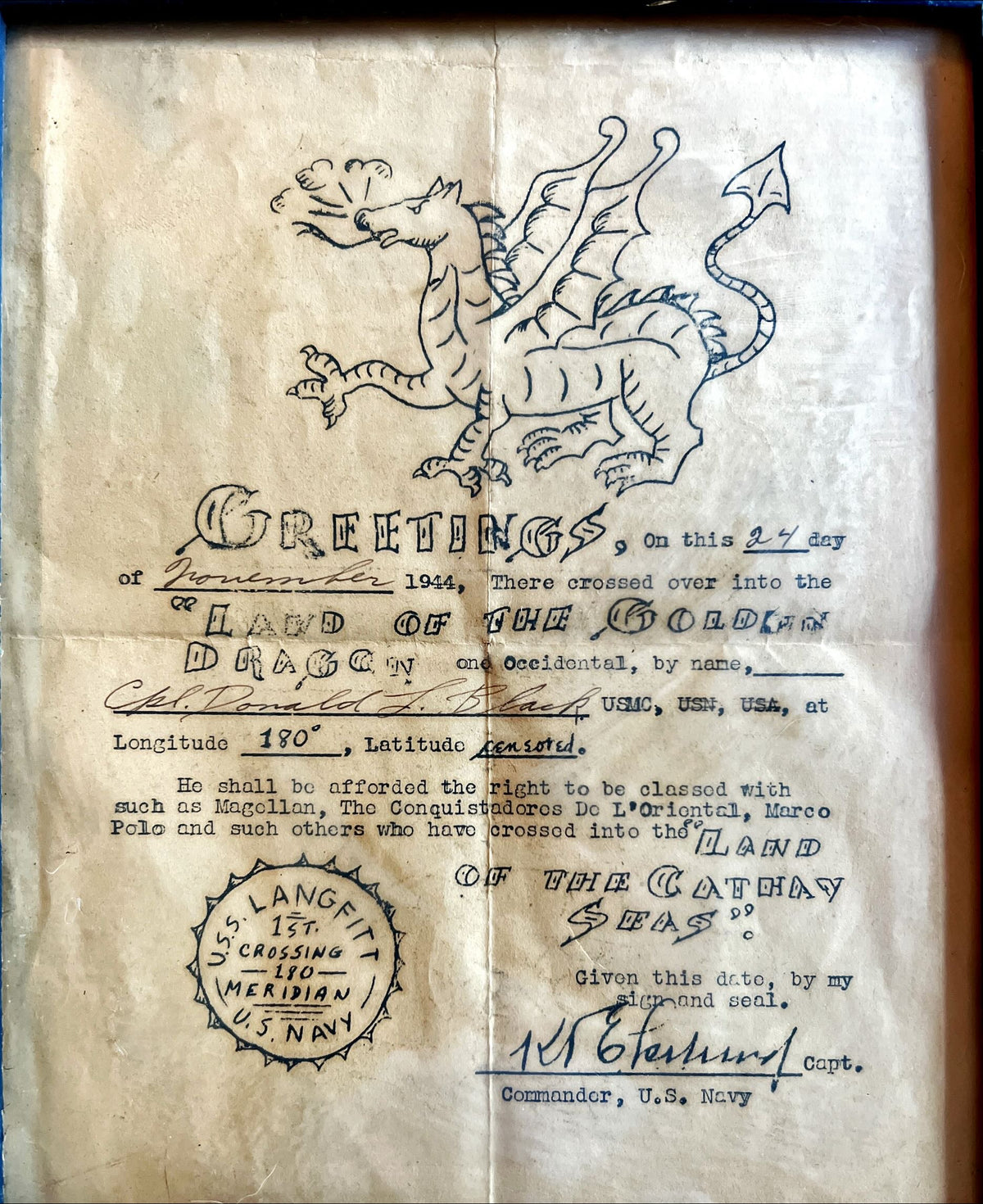 Ephemera, Document, Certificates, U.S. Navy, Certificate USS Langfitt, 1st Crossing 180 Meridian, Art view