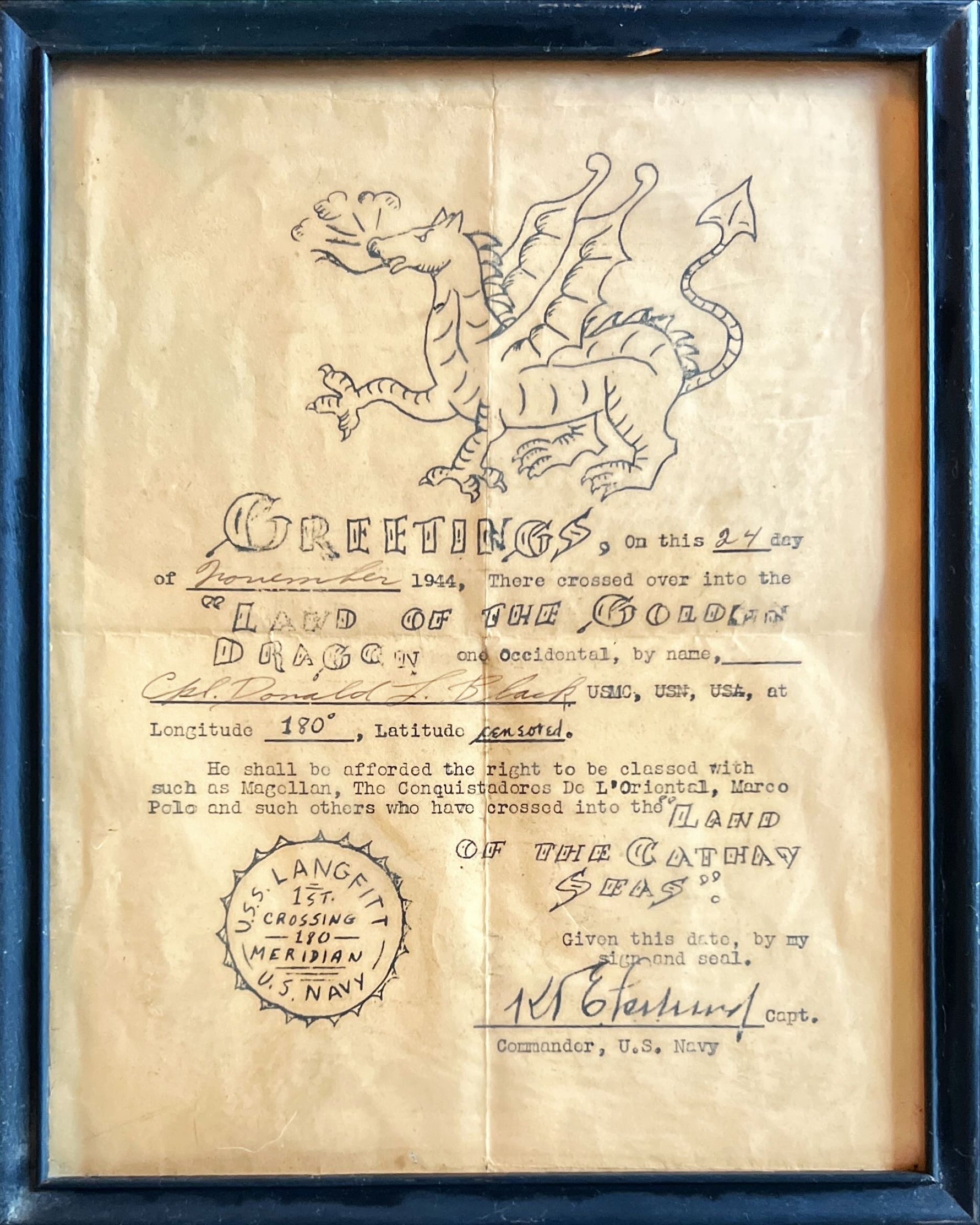 Ephemera, Document, Certificates, U.S. Navy, Certificate USS Langfitt, 1st Crossing 180 Meridian, Front view