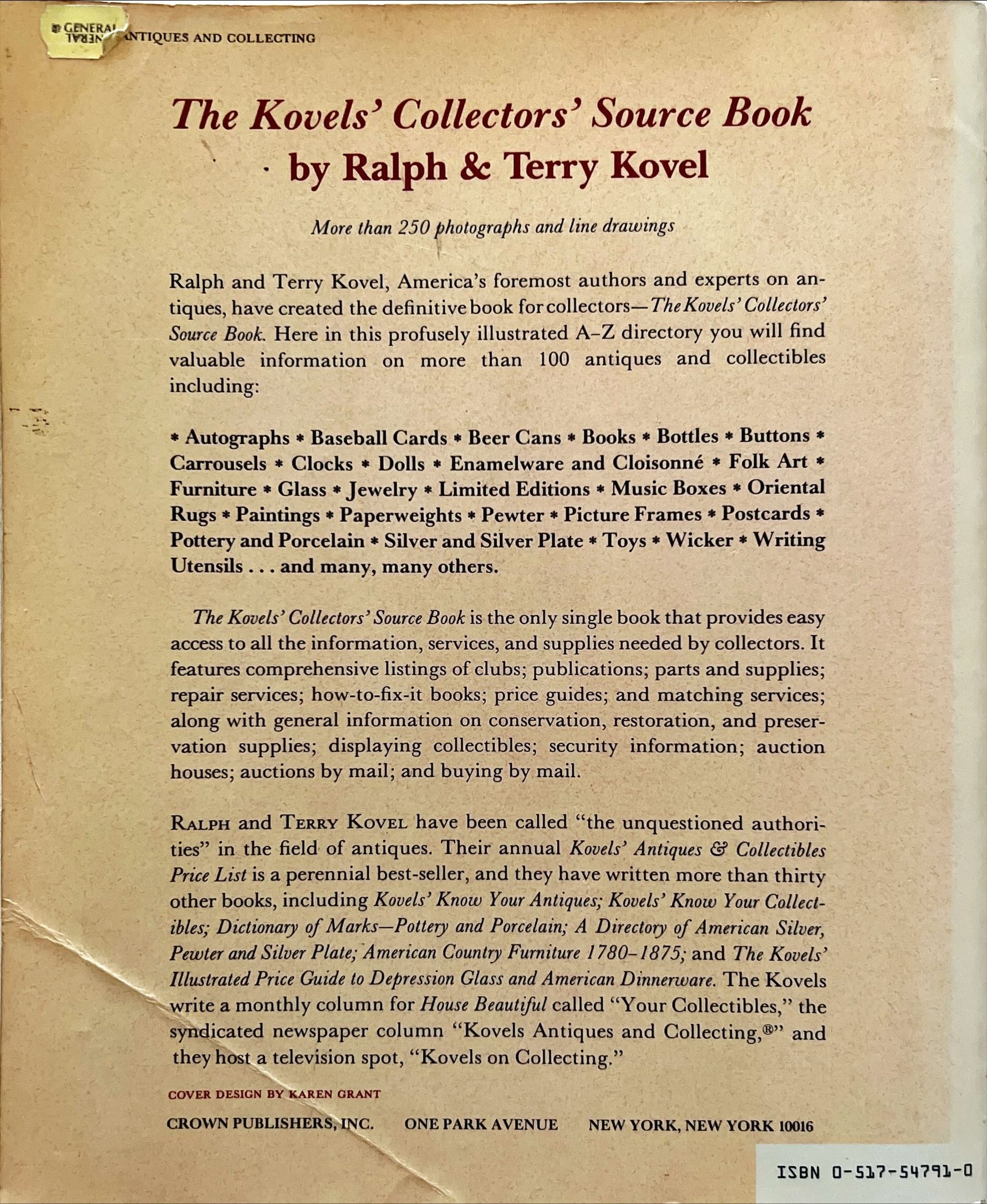 Book, Collectibles, Ralph and Terry Kovel, The Kovels' Collectors' Source Book, Back view