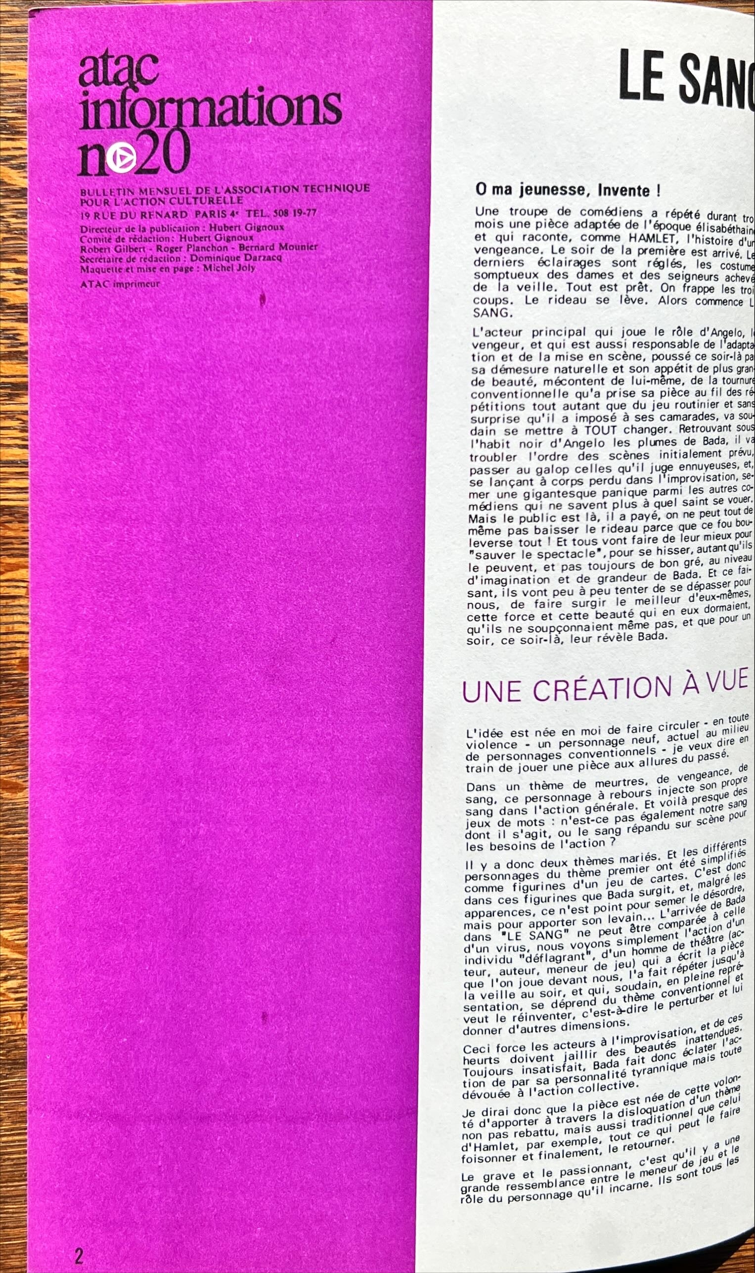 Magazine, Arts, L’Association Technique Pour L’Action Culturelle, atac Informations, fevrier 1970,  numero: 20, Inside view