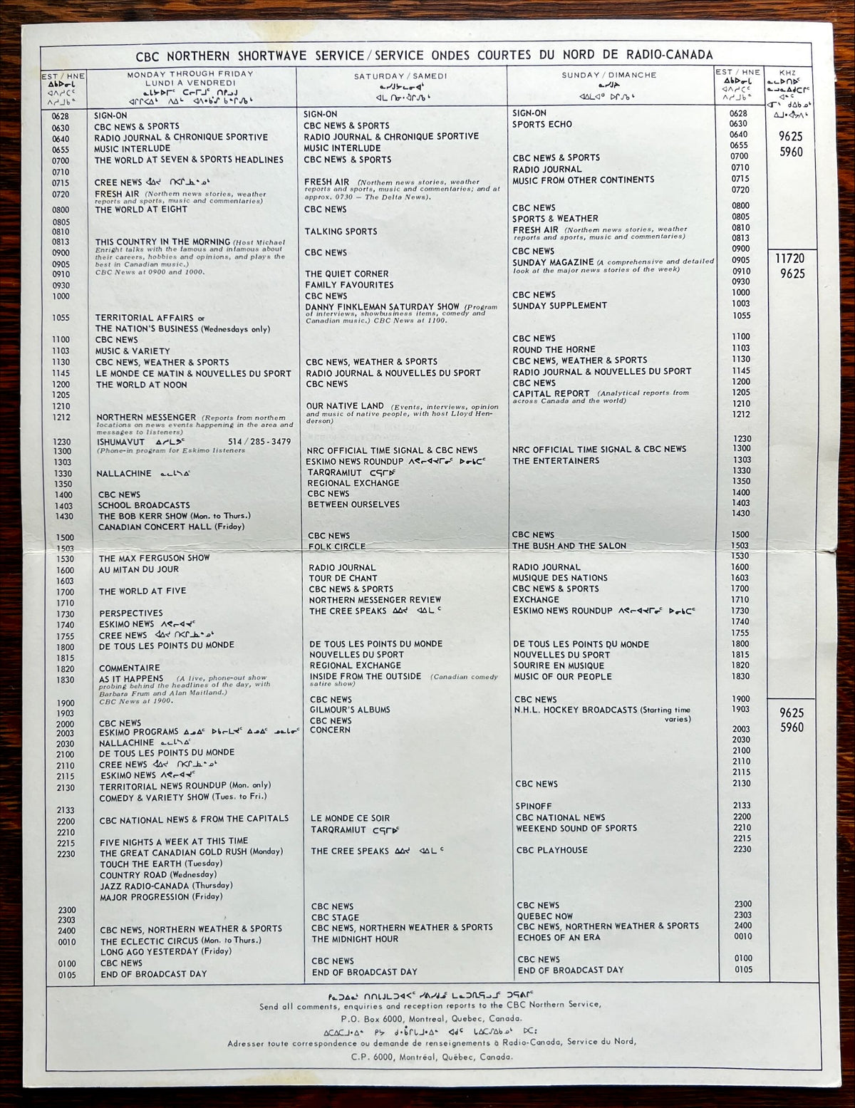 Document, History, Canada, CBC Radio-Canada, CBC Radio-Canada Northern Service Shortwave Program Schedule/ Horaire Des Emissions Sue Ondes Courtes Effective May 1973/ En Vigueur Nov. 1974 (Including in ishumavut language), Inside view