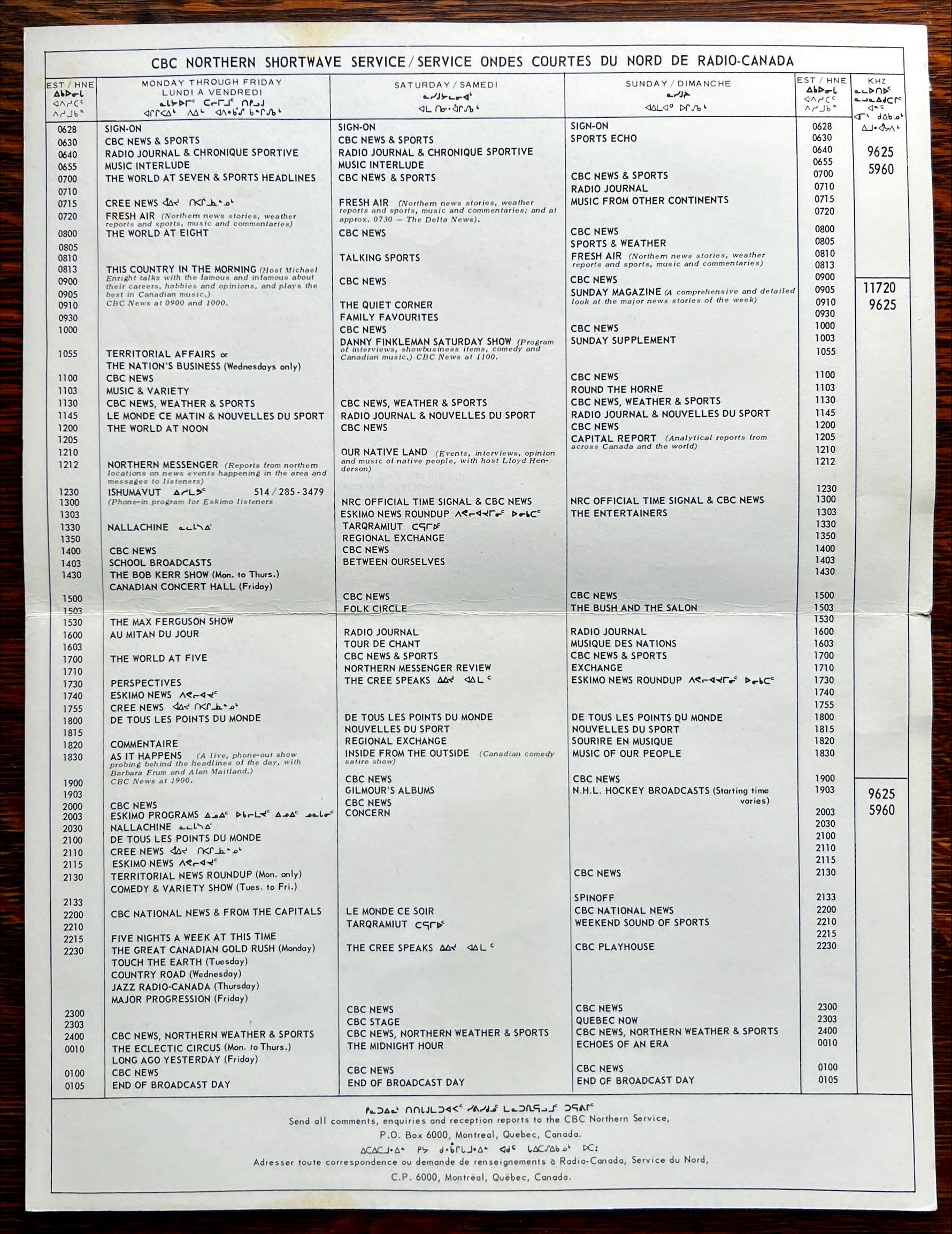 Document, History, Canada, CBC Radio-Canada, CBC Radio-Canada Northern Service Shortwave Program Schedule/ Horaire Des Emissions Sue Ondes Courtes Effective May 1973/ En Vigueur Nov. 1974 (Including in ishumavut language), Inside view