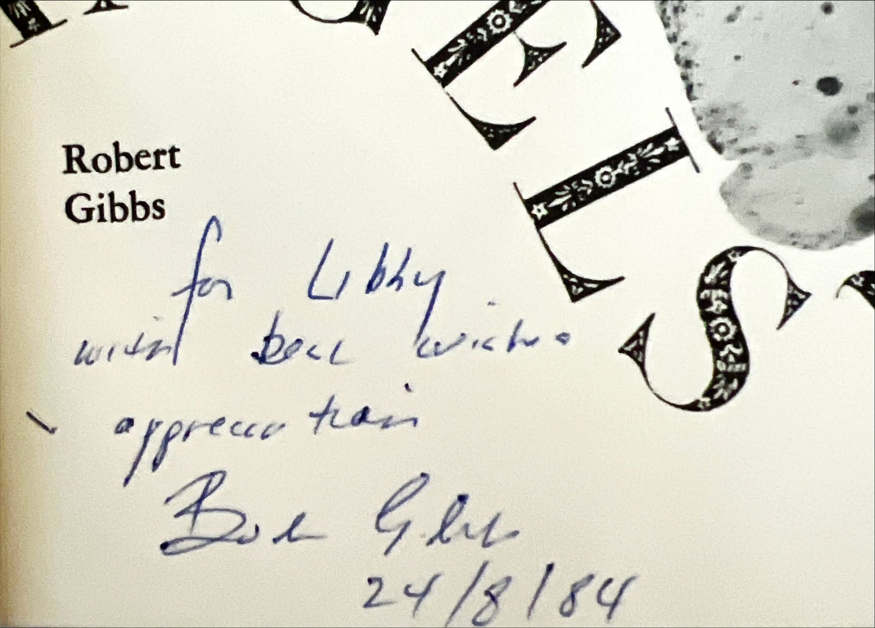 Book, Fiction, Robert Gibbs, A Mouth Organ for Angels, Signature view