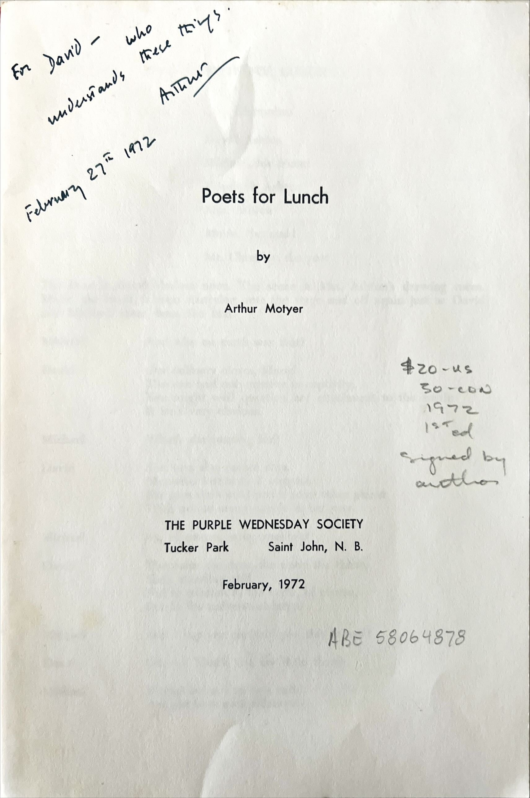 Book, Play, Literature, Arthur Motyer, Poets for Lunch, Signature view
