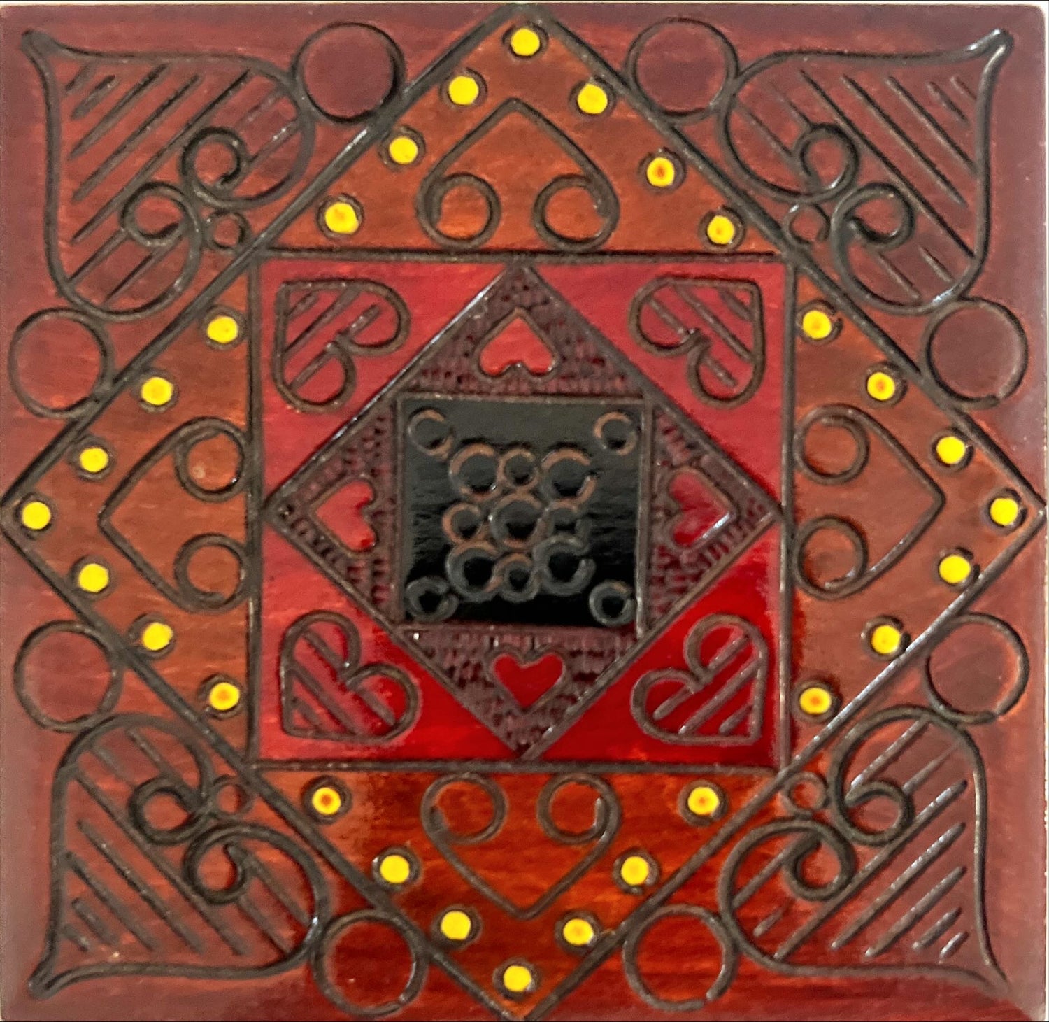 Home, Wooden Box, Storage, Pretty Carved Wooden Box with Heart Motif, Front view