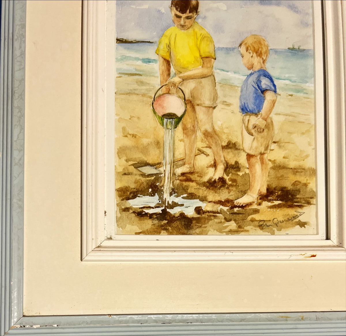 Mixed Media painting, Figures S.H. Greenwood, Damage view