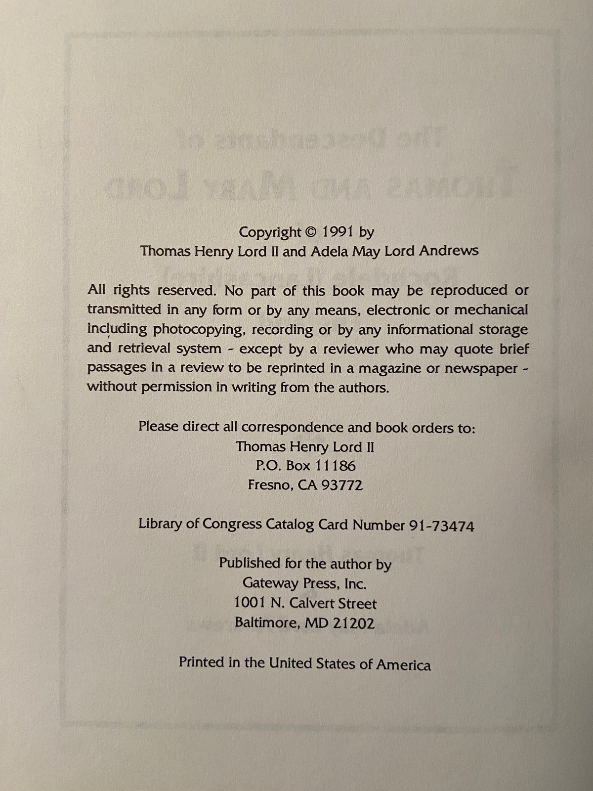 Book, Genealogy, Other, Thomas Henry Lord II and Adela May Andrews, The Descendants of Thomas ans Mary Lord of Rochdale (Lancashire) England, Inside view