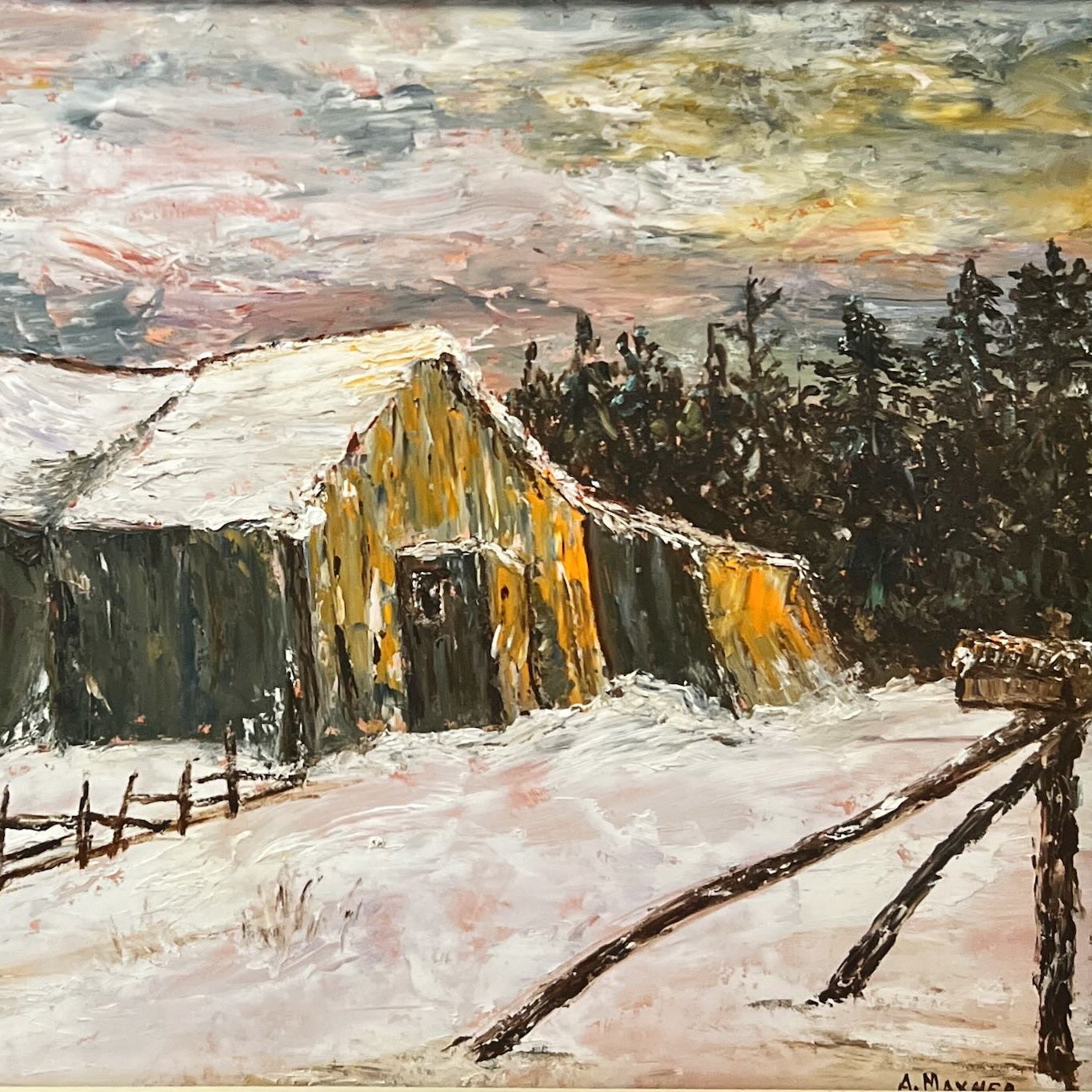 Oil painting, Winterscape, Cottages A. Maxner, Cover view