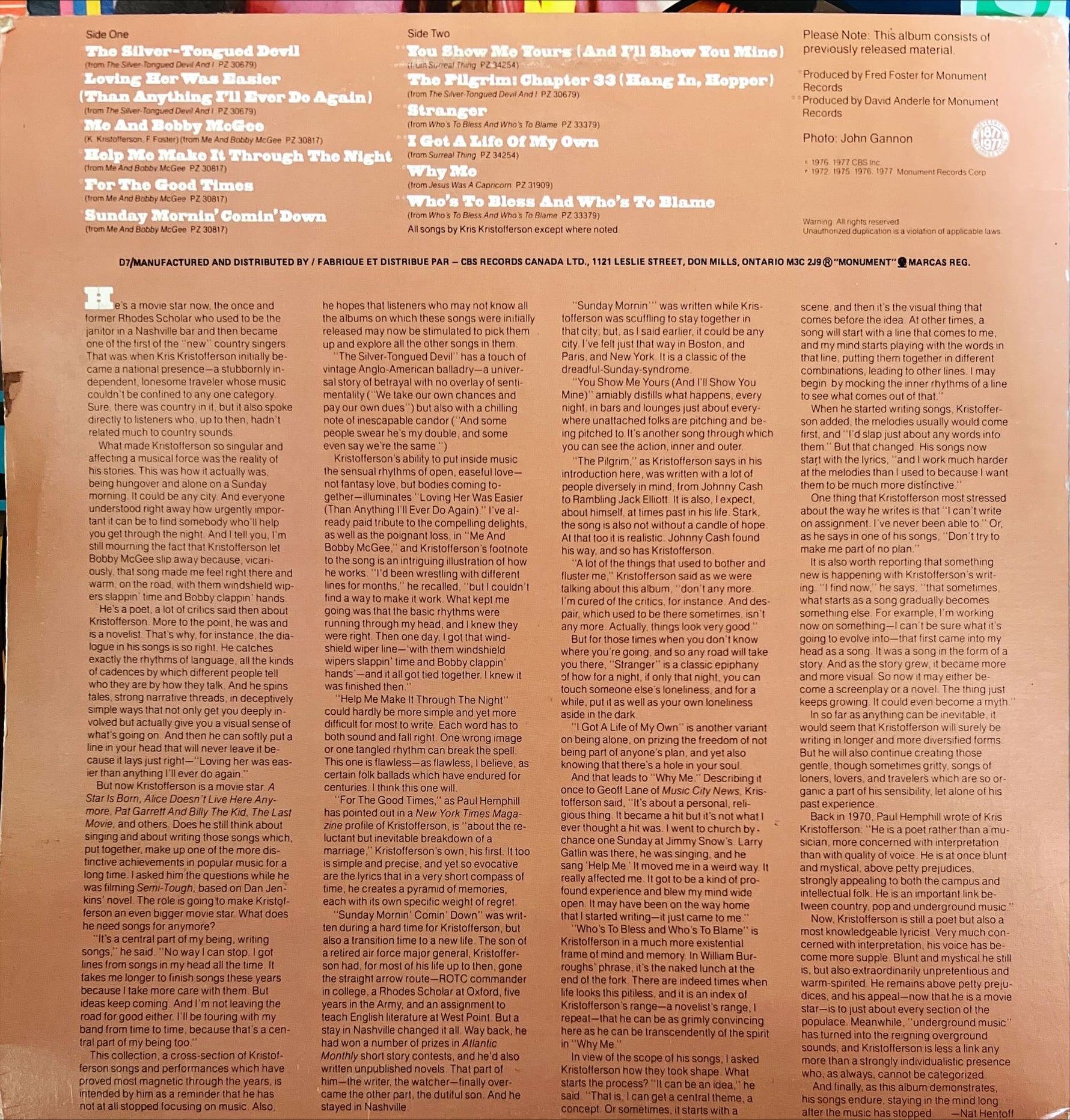 Vinyl record, Country Kris Kristofferson, Back view