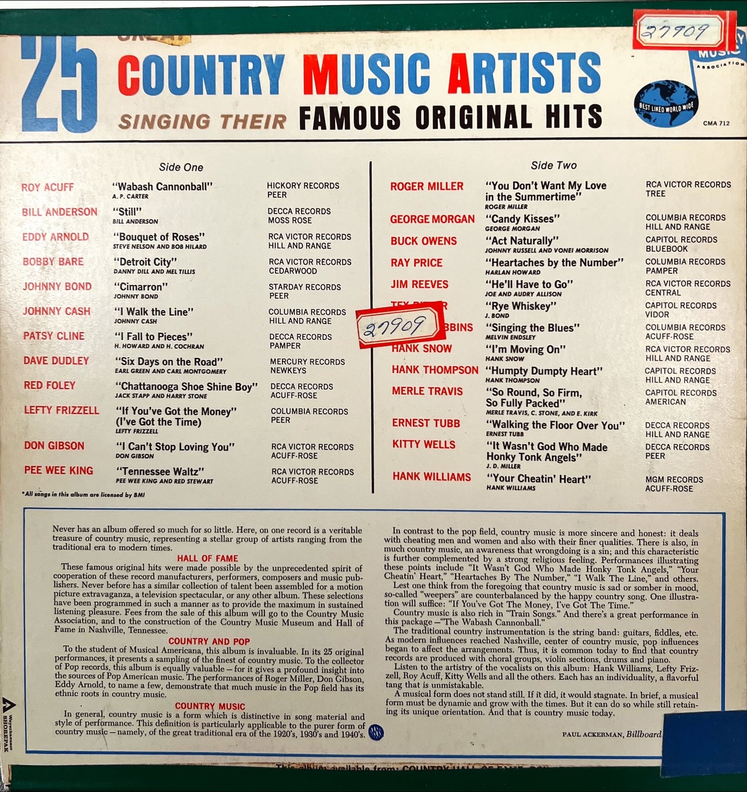 Vinyl record, Country Various Artists, Back view