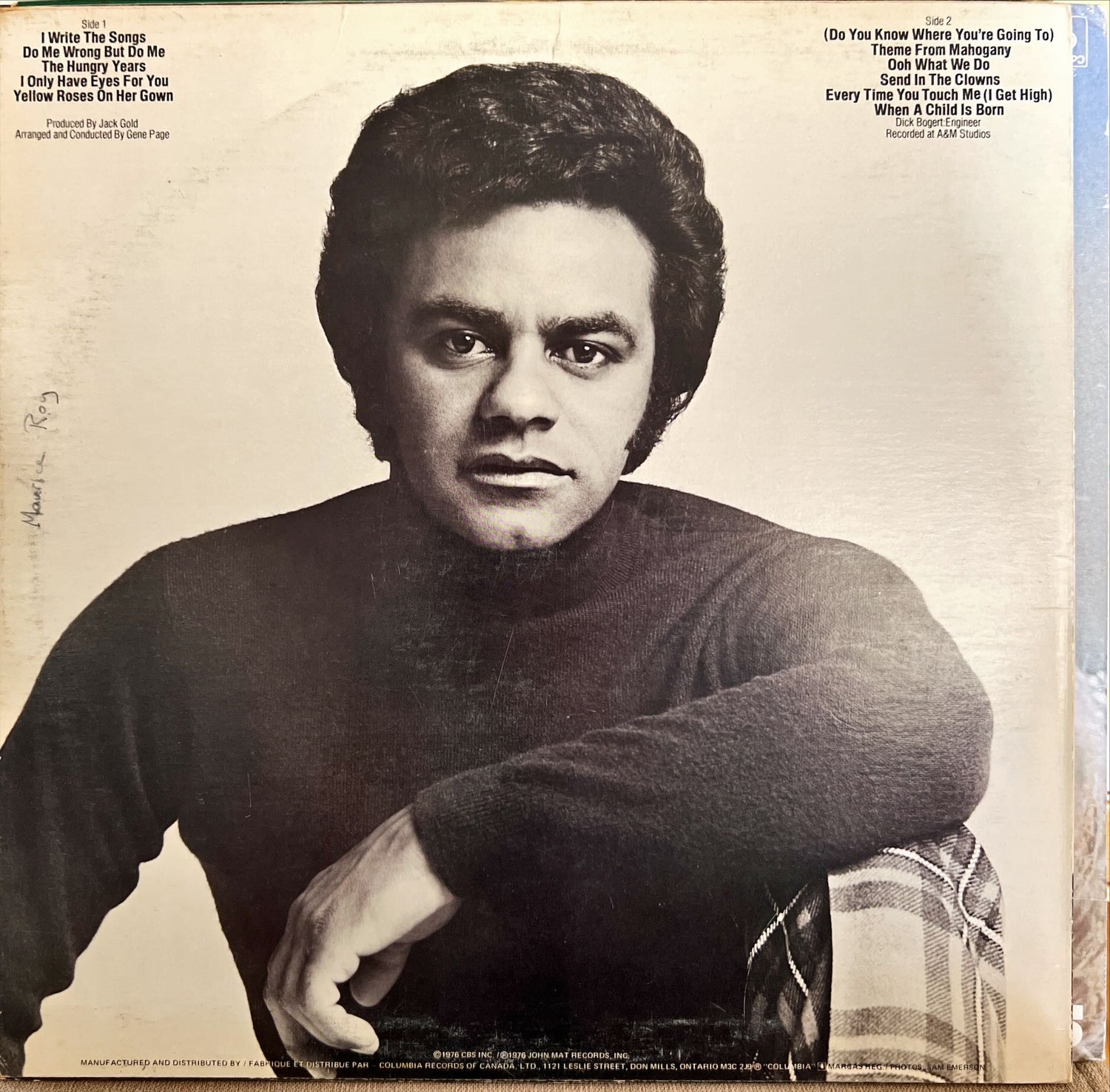 Vinyl record, Pop Johnny Mathis, Back view