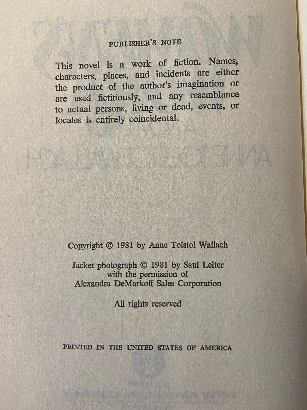 Book, Fiction, Anne Tolstoi Wallach, Women’s Work: A Novel, Inside view