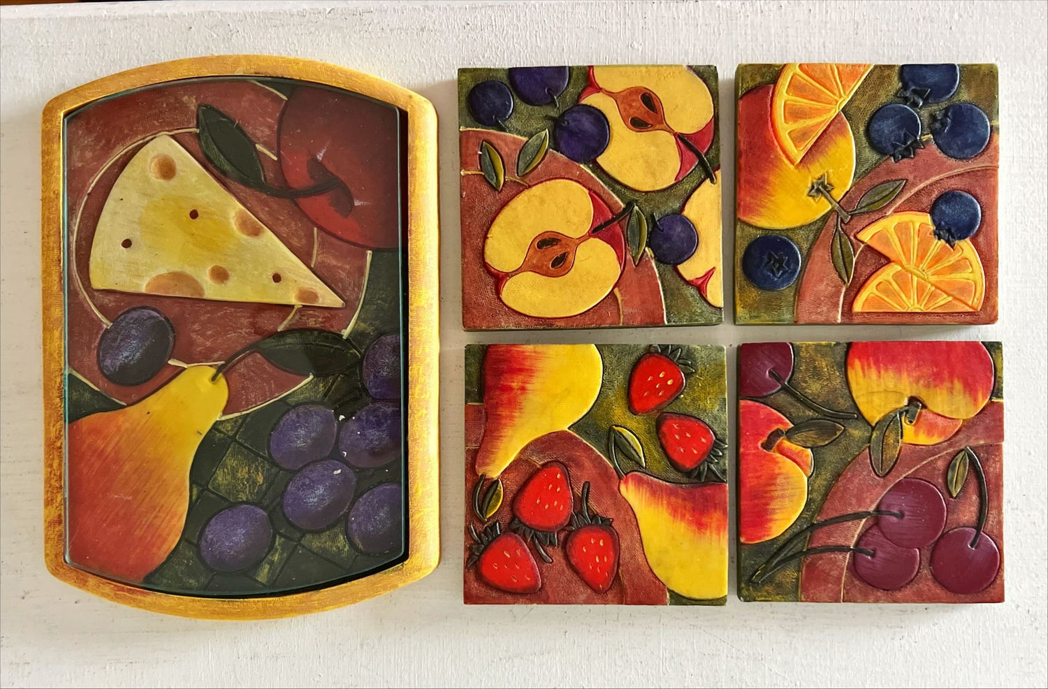 Home, Kitchenware, Fruit and Cheese Decorated Cheese Board and Tile Coasters, Front view