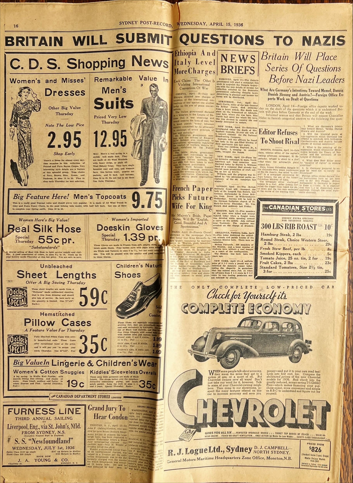 Newspaper, History, News, The Halifax Herald, The Halifax Herald, Second Edition, Wednesday, April 15, 1936, Back view