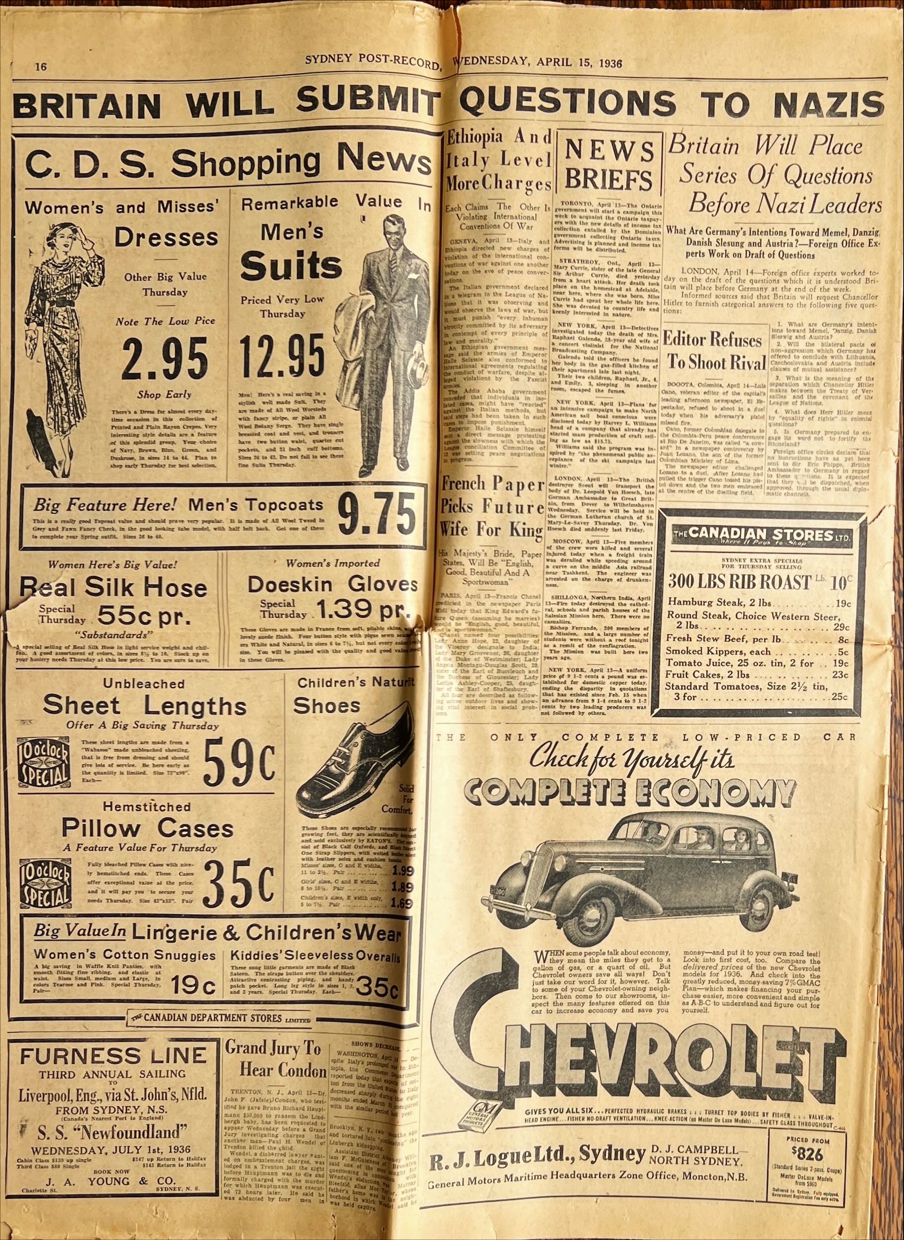 Newspaper, History, News, The Halifax Herald, The Halifax Herald, Second Edition, Wednesday, April 15, 1936, Back view