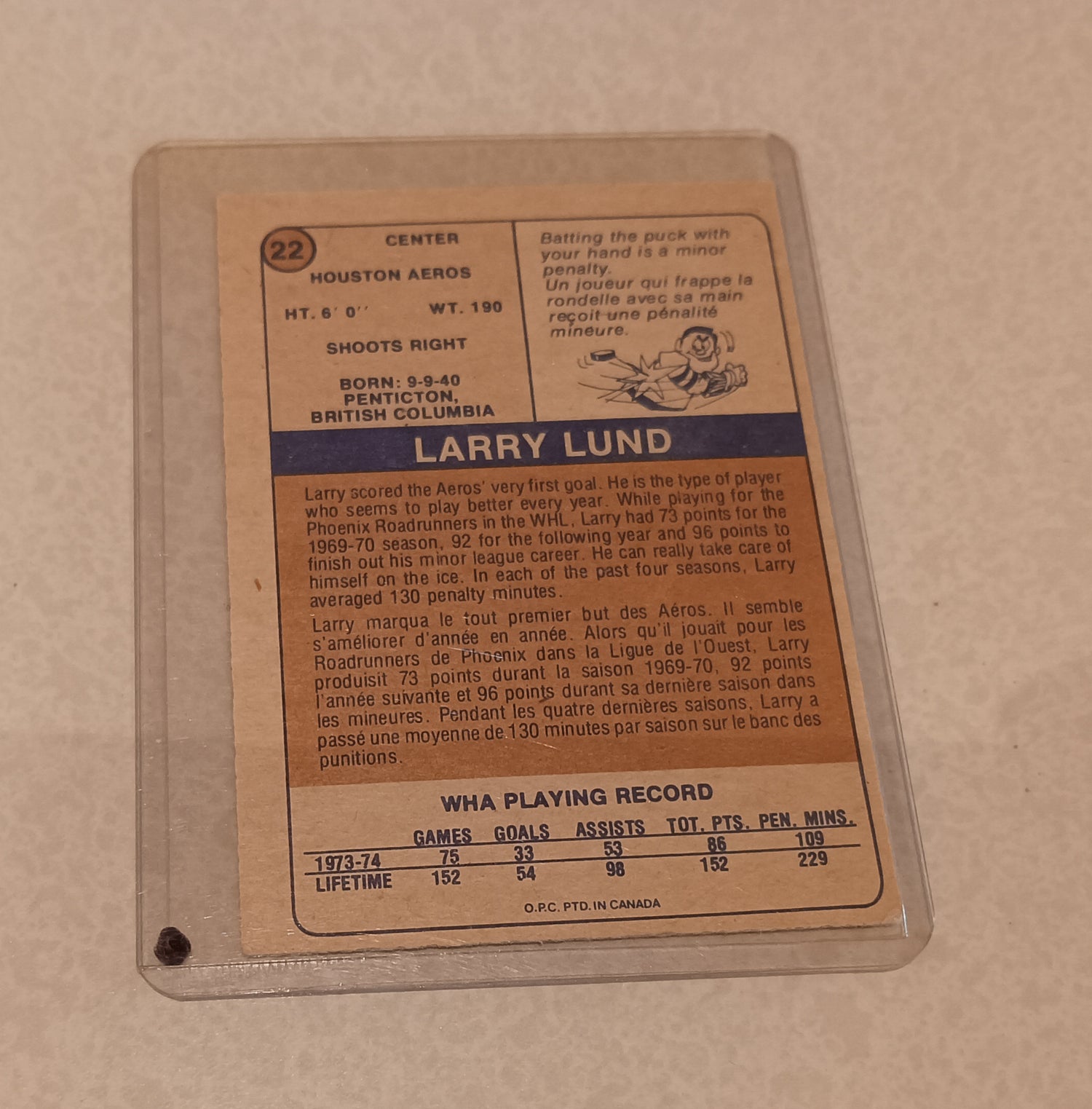 Card, WHA Larry Lund Hockey Card. VG with crease, O-Pee-Chee, Front view