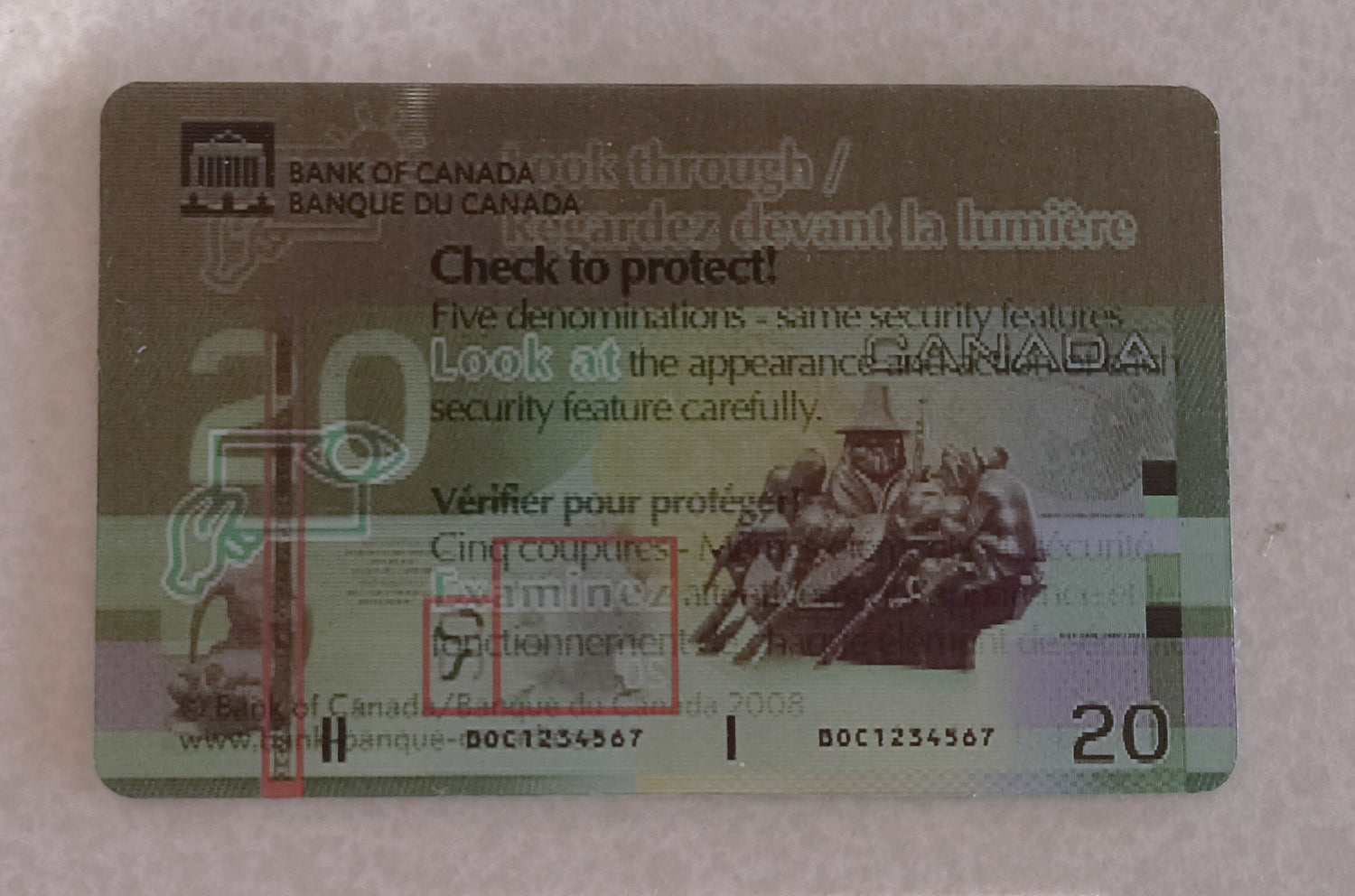 Card, Counterfeit detection Tool (credit Card-sized) Reveals info when tilted or held to a light, Bank of Canada, Front view