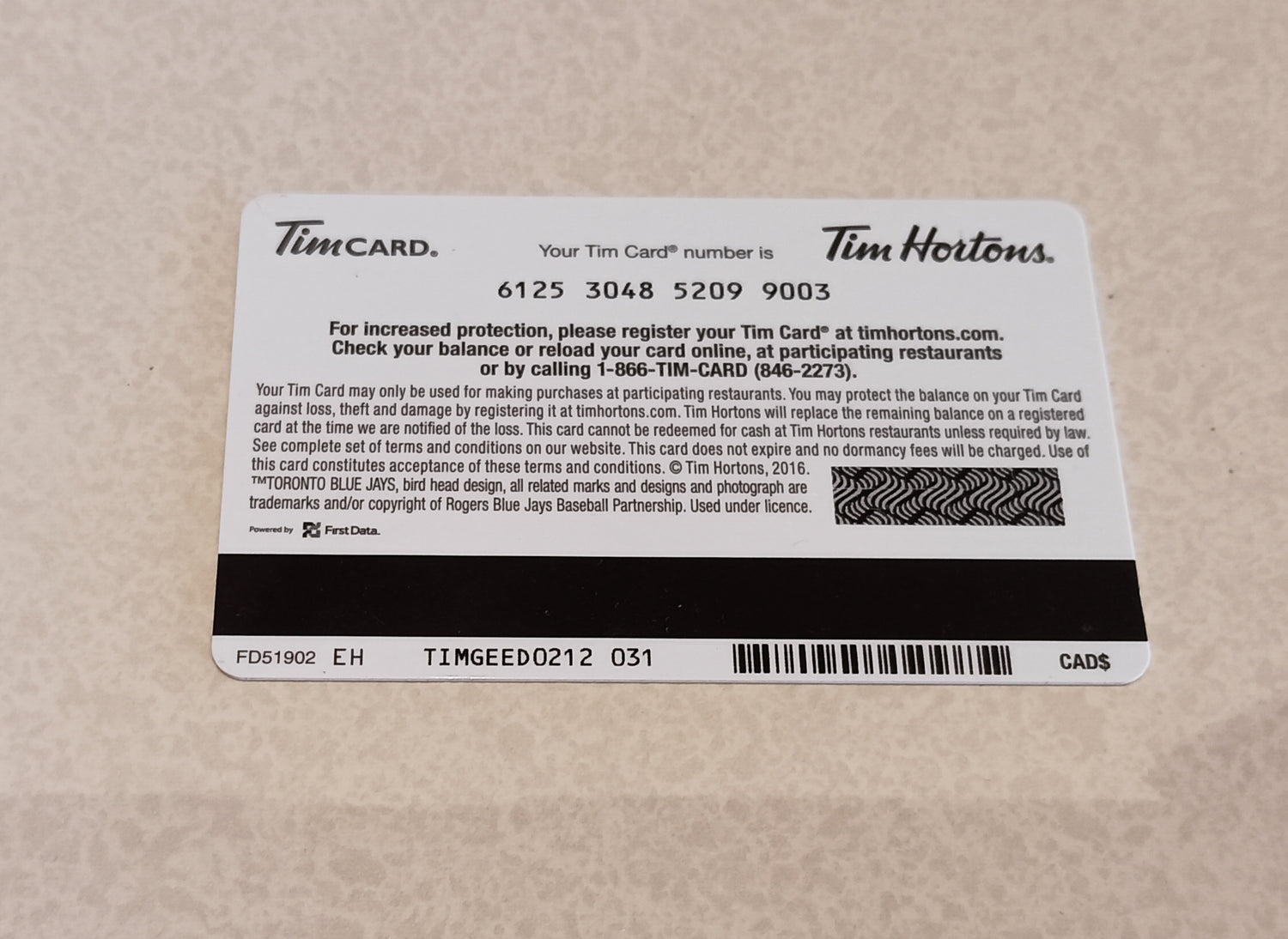 Card, Tim Hortons Blue Jays GiftCard unused, Front view