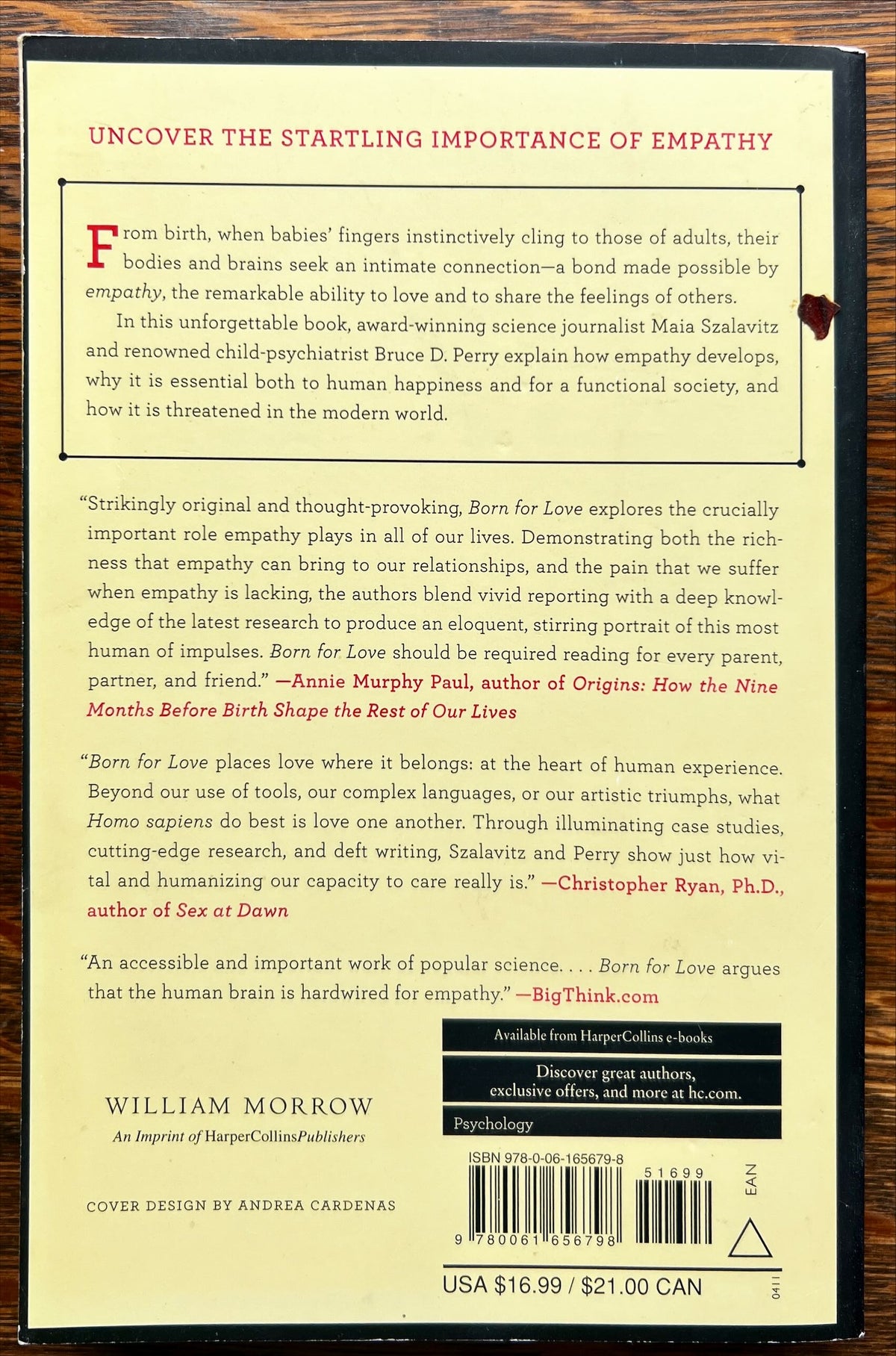 Book, Self Help, Maia Szalavitz and Bruce D. Perry, Born for Love, Back view